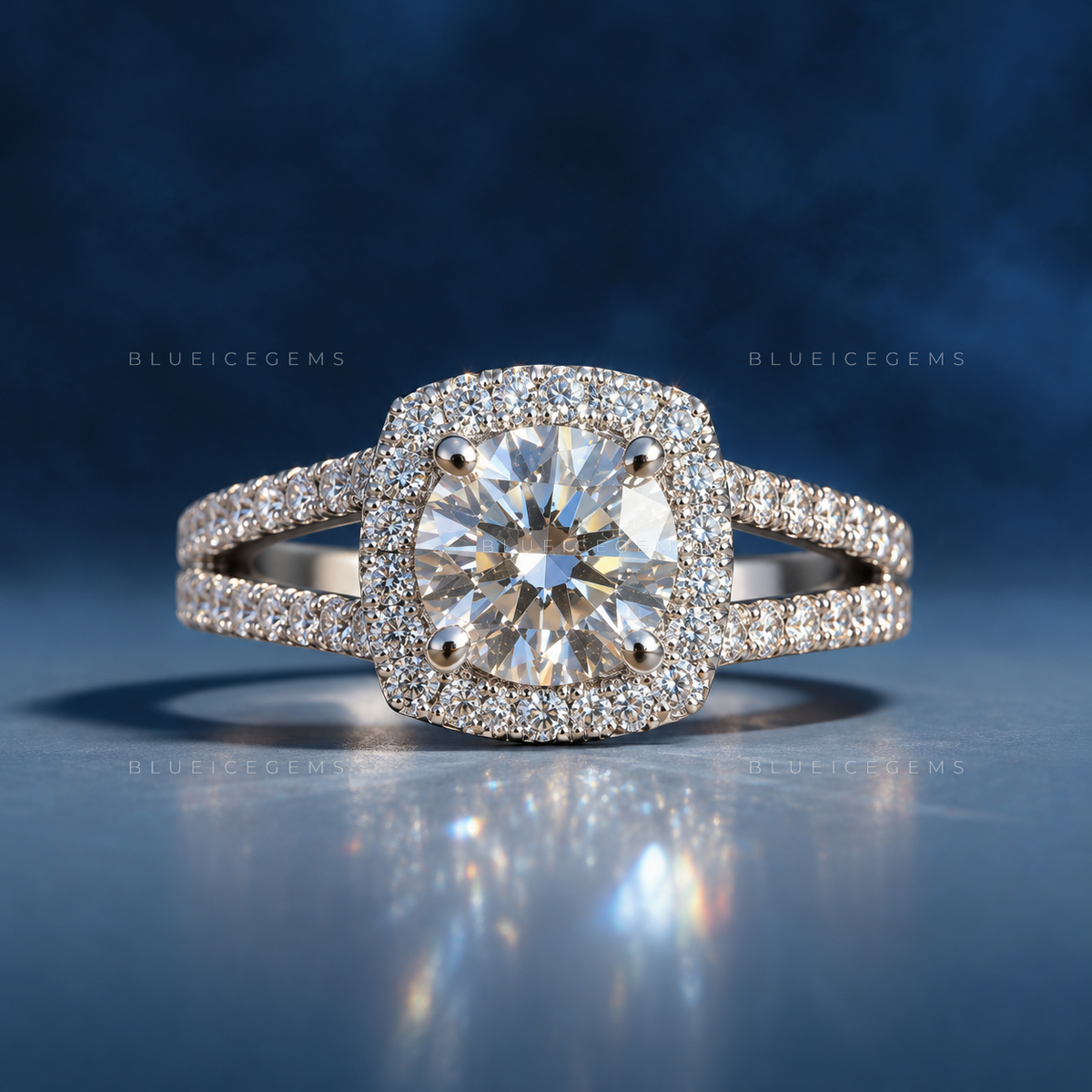 Majestic Brilliance Round Cut Halo Split Shank Statement Engagement Ring