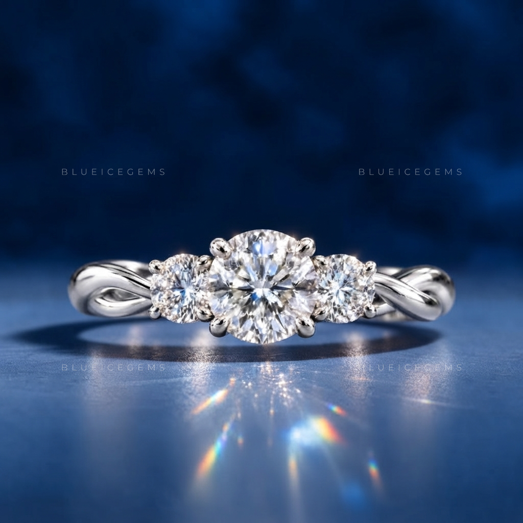 Eternal Harmony Round Cut Three Stone Engagement Ring Unique Twisted Ribbon Anniversary Promise Band