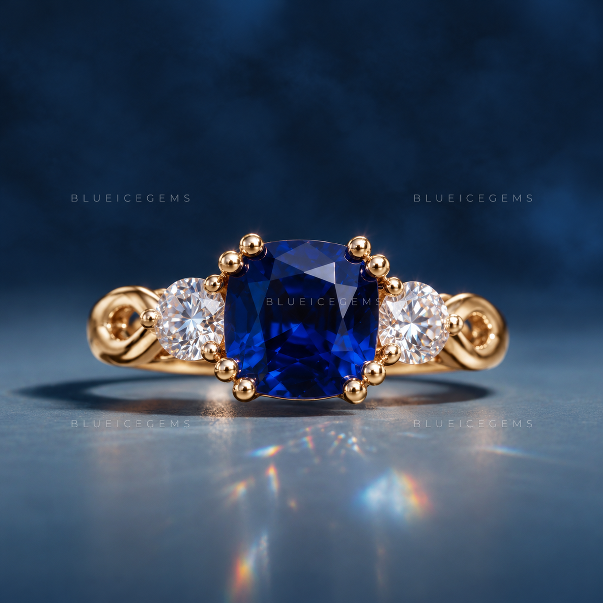 Royal Splendor Cushion Cut Sapphire and Round Brilliant Accent Engagement Ring