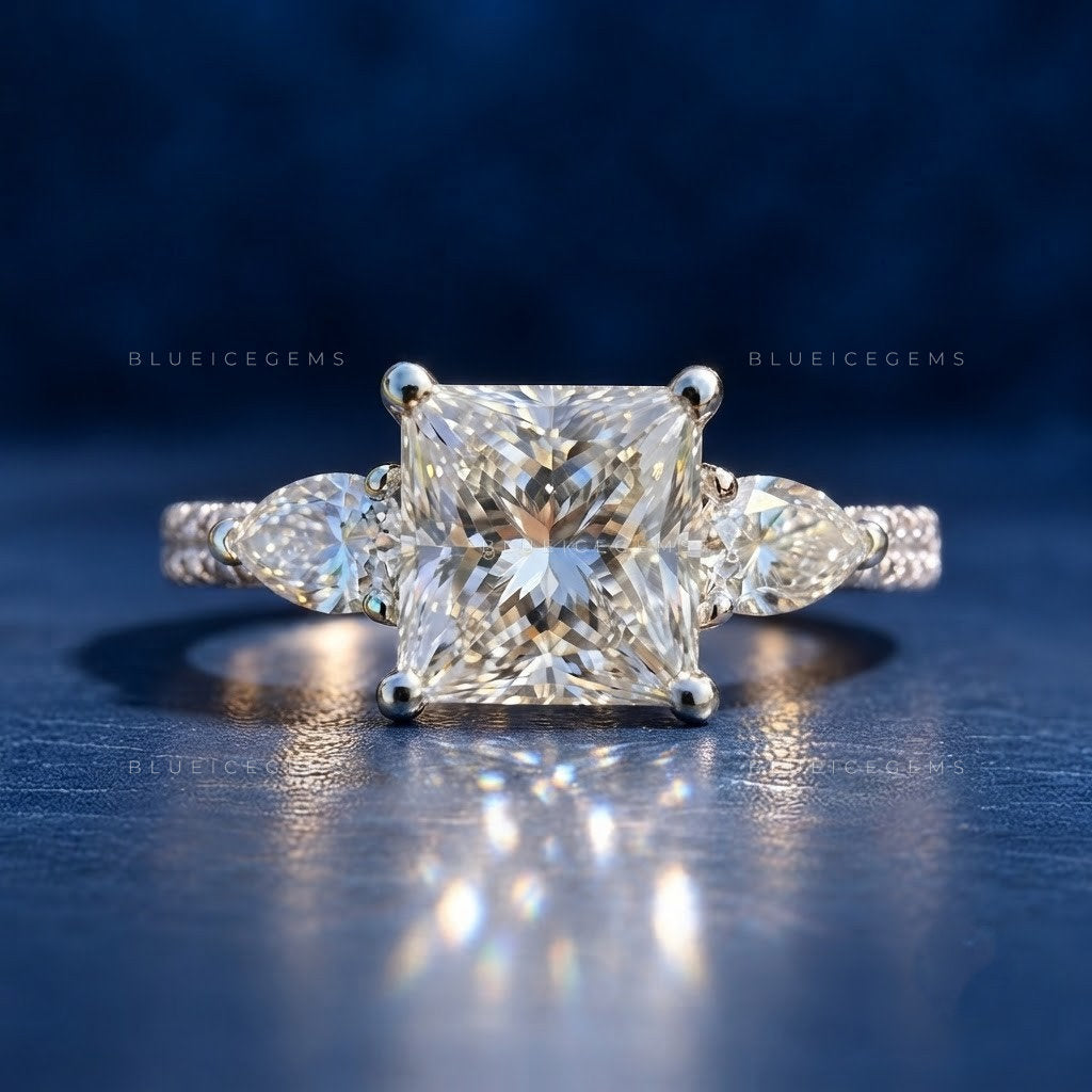 Imperial Elegance Princess Cut with Side Pear and Round Accent Trilogy Ring