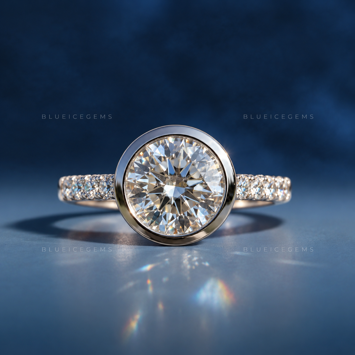 Modern Radiance Round Brilliant Cut Bezel Set Solitaire Accent Engagement Ring