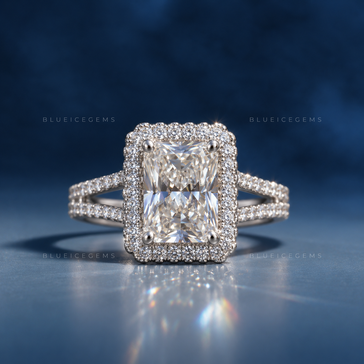 Exquisite Glamour Radiant Cut Halo Split Pave Shank Engagement Ring