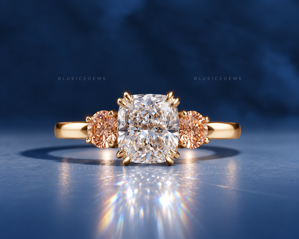 Enchanted Romance Cushion Cut Trilogy Side Peach Morganite Engagement Ring