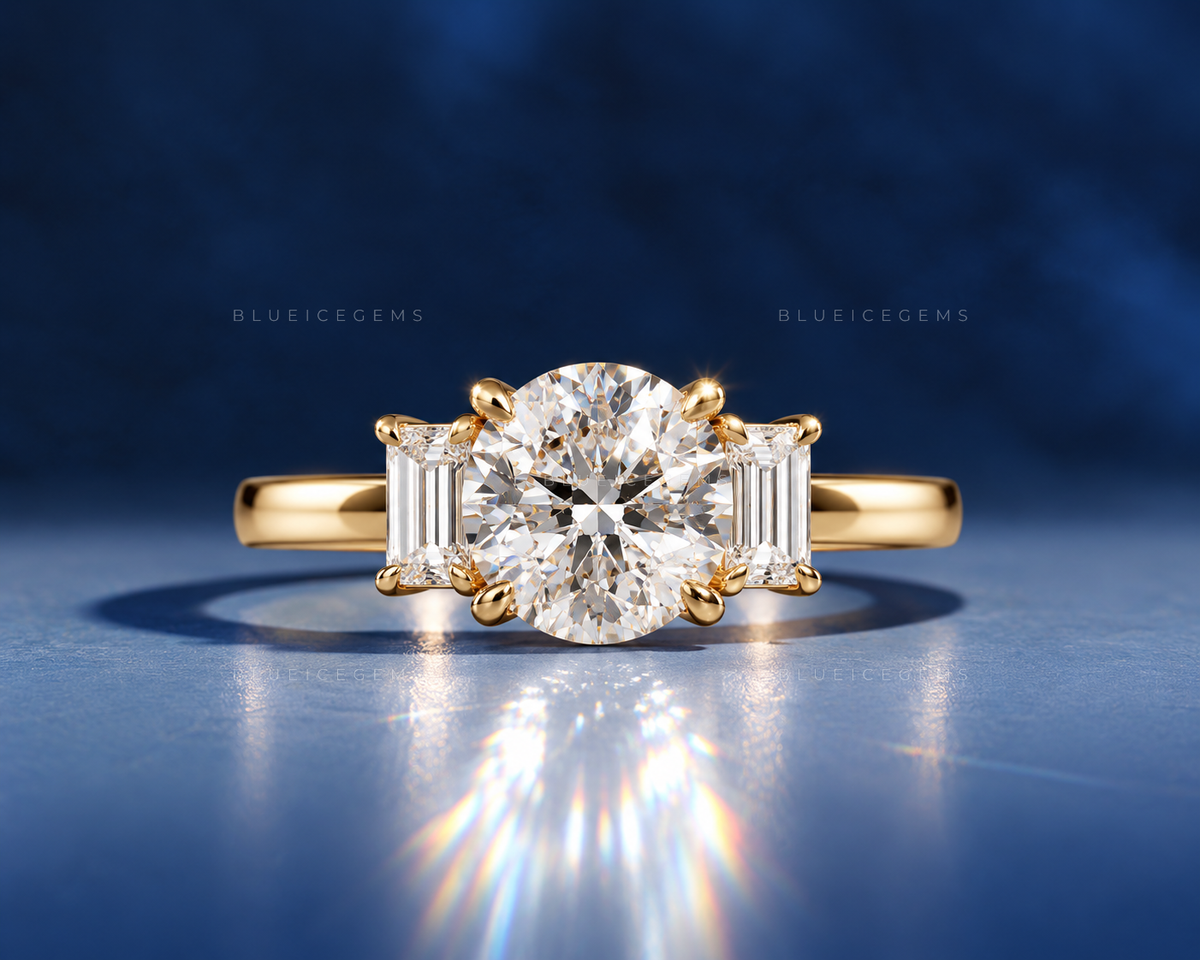 Infinite Elegance Round Brilliant Cut Trilogy Side Baguette Engagement Ring
