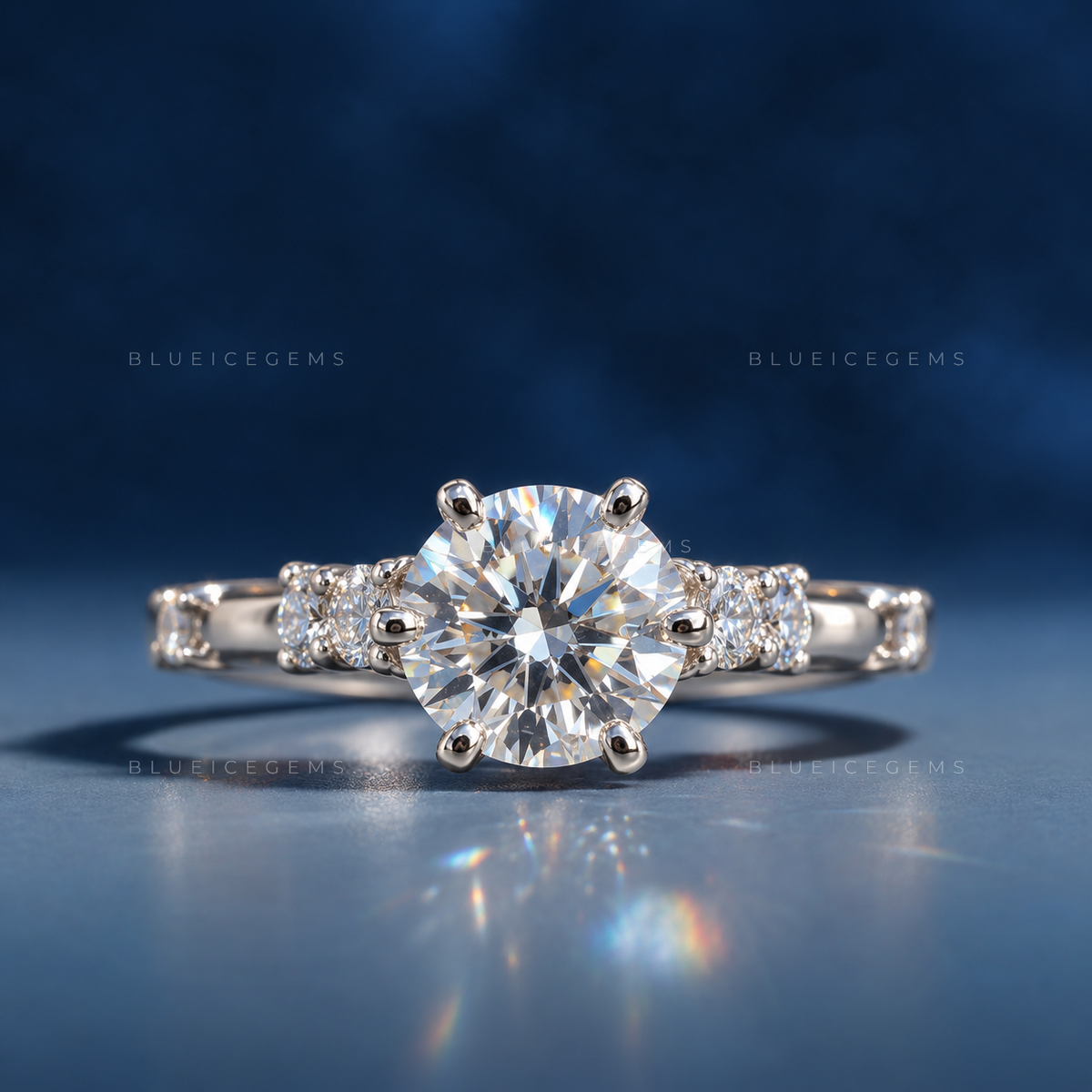 Celestial Muse Round Brilliant Cut Six Prong Solitaire Accent Engagement Ring