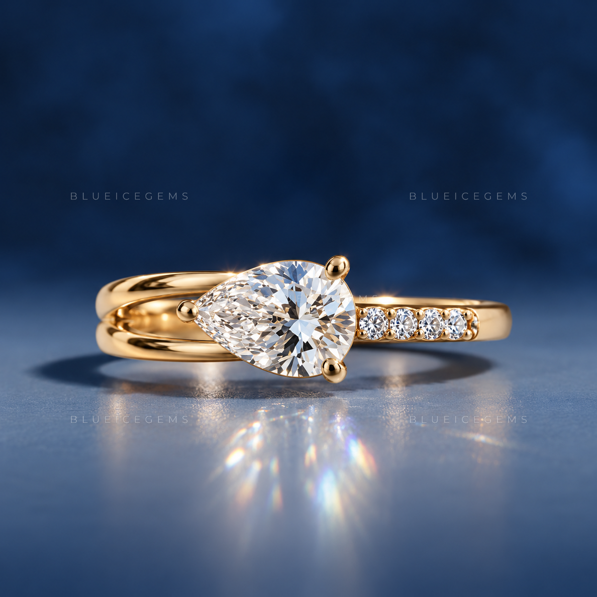 Graceful Horizon Pear Cut Asymmetric Split Band Engagement Ring
