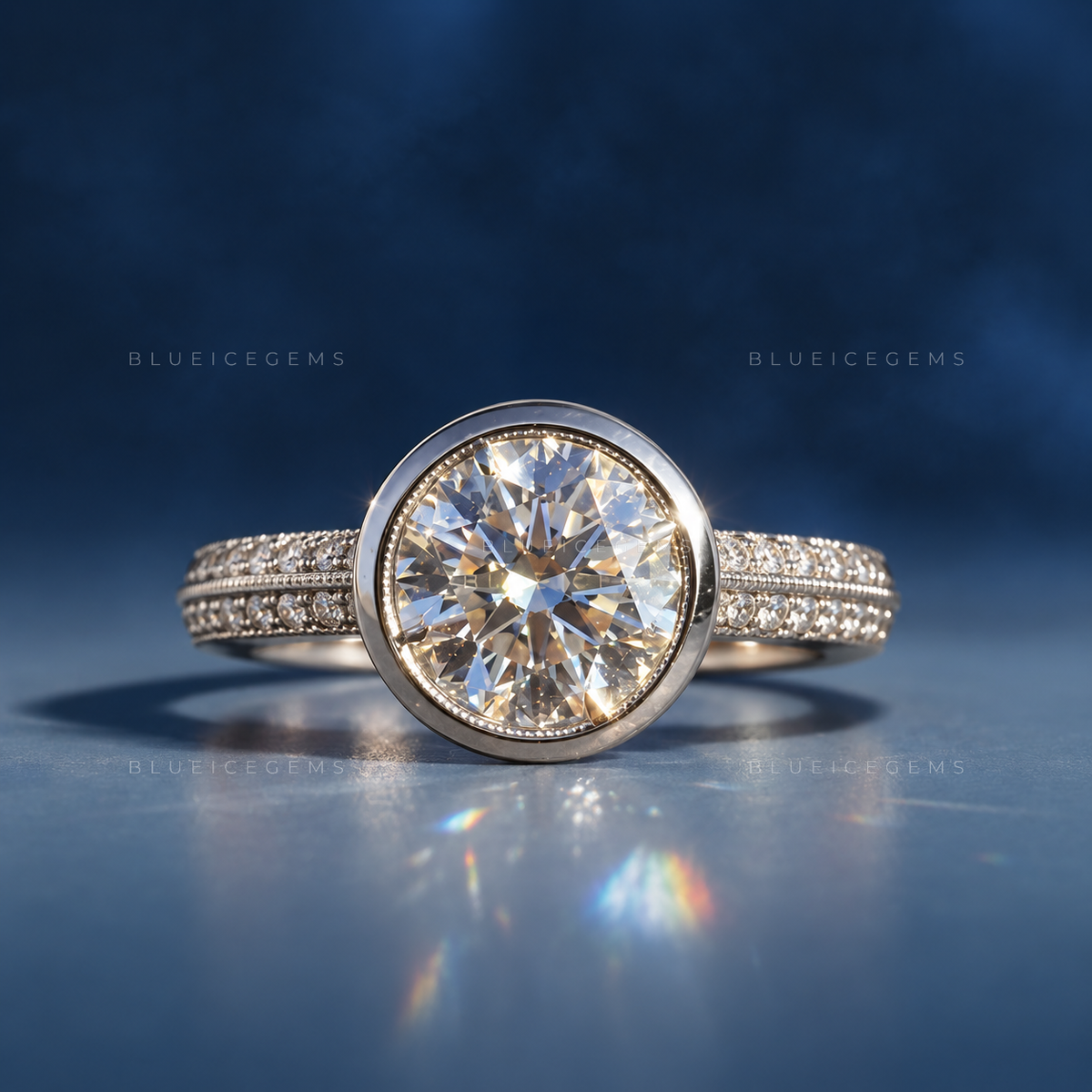 Luminous Horizon Bezel Set Round Brilliant Double Pave Engagement Ring