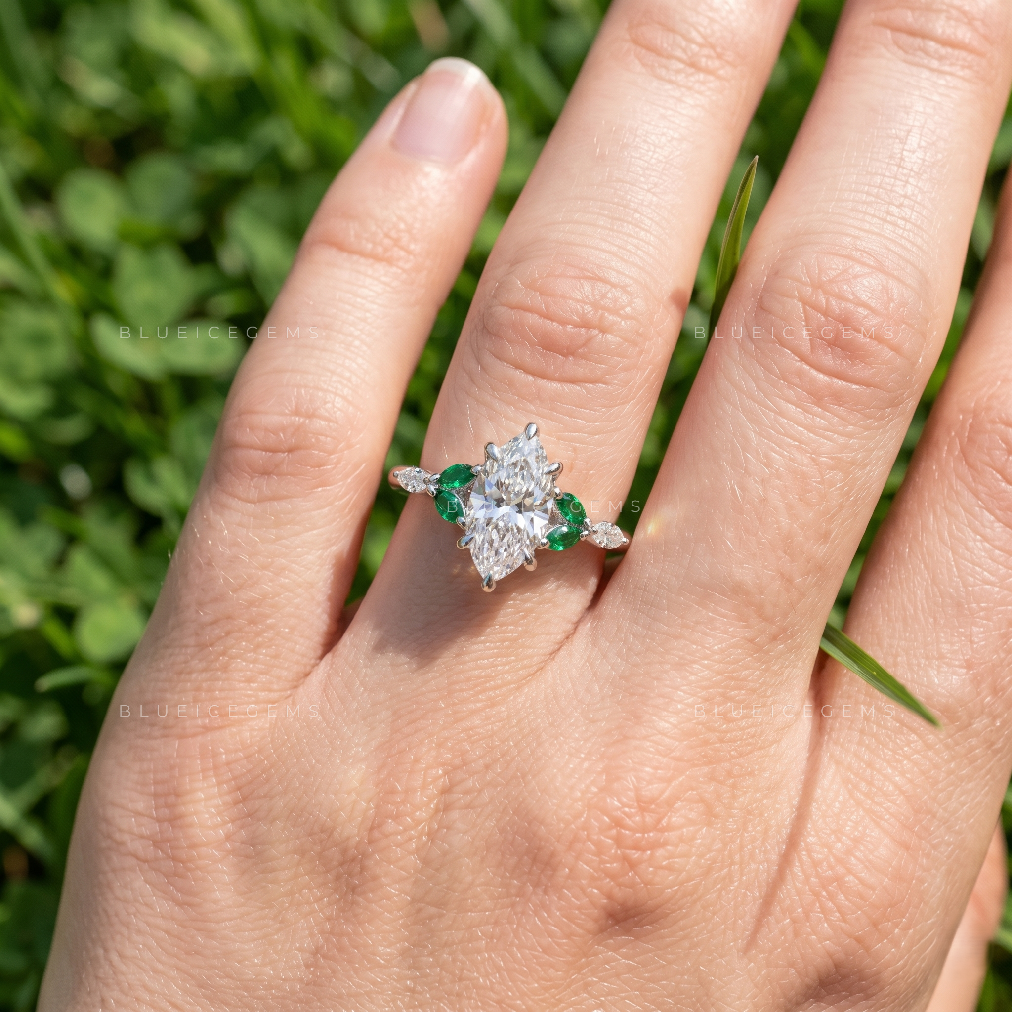 Enchanting Marquise Cut Botanical Inspired Gemstone Trilogy Ring