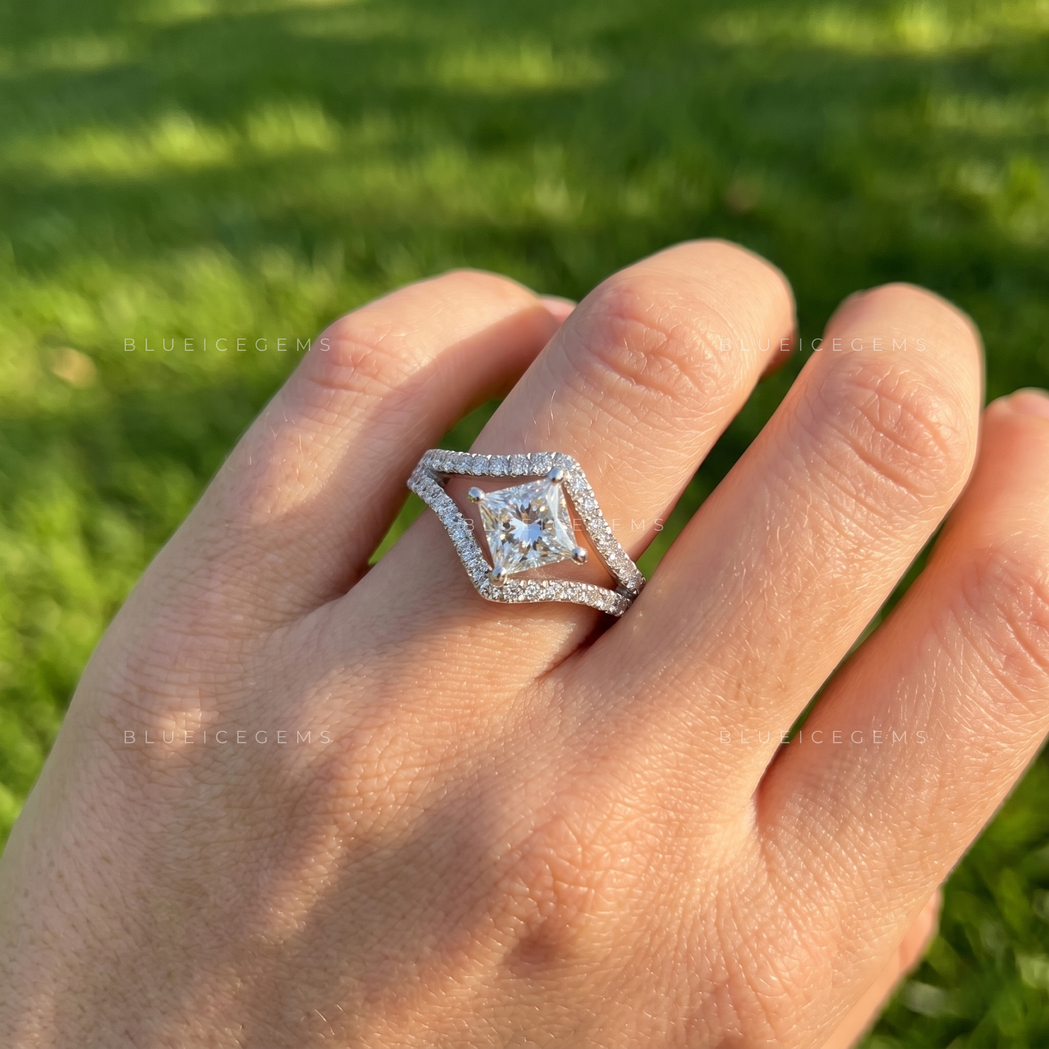 Artistic Open-Shank Princess Cut Statement Pave Band Ring