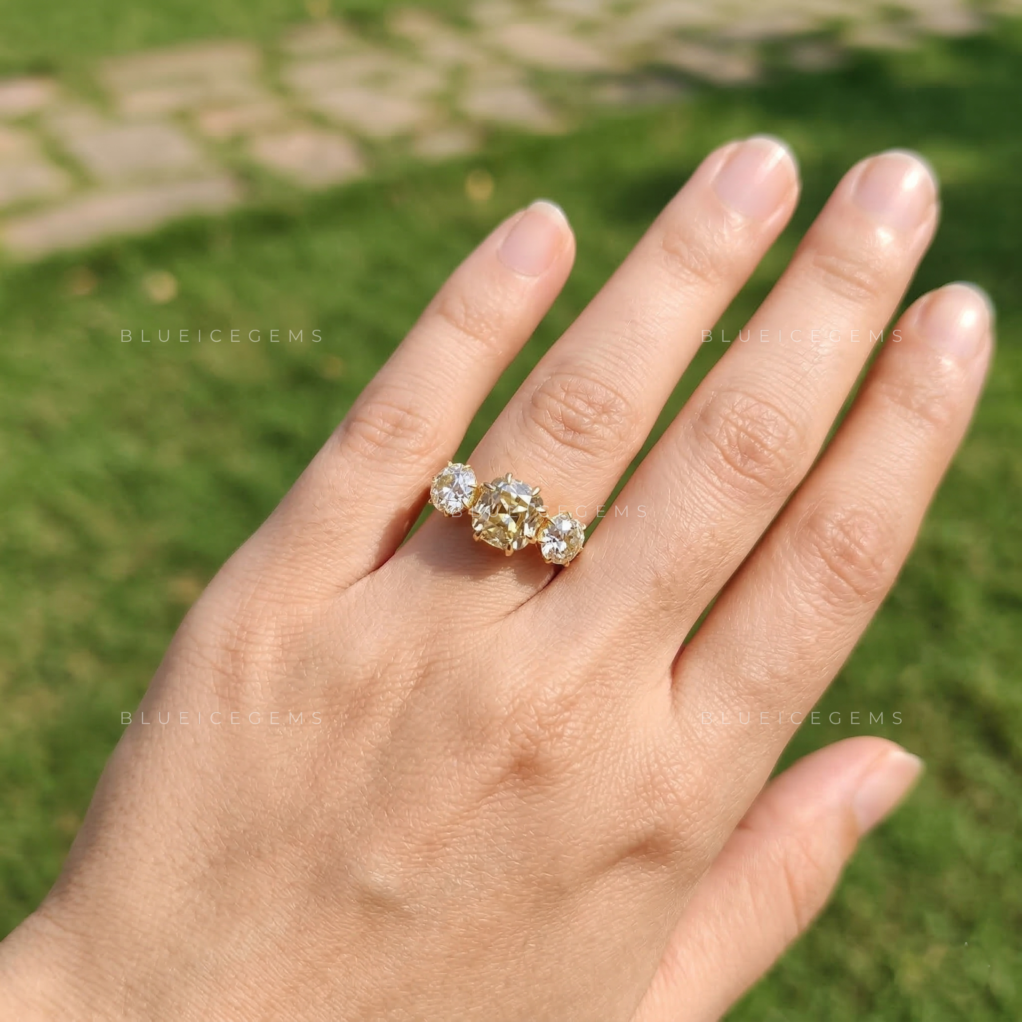 Golden Glow Vintage Cushion Old Mine Cut Lab Grown Diamond Ring