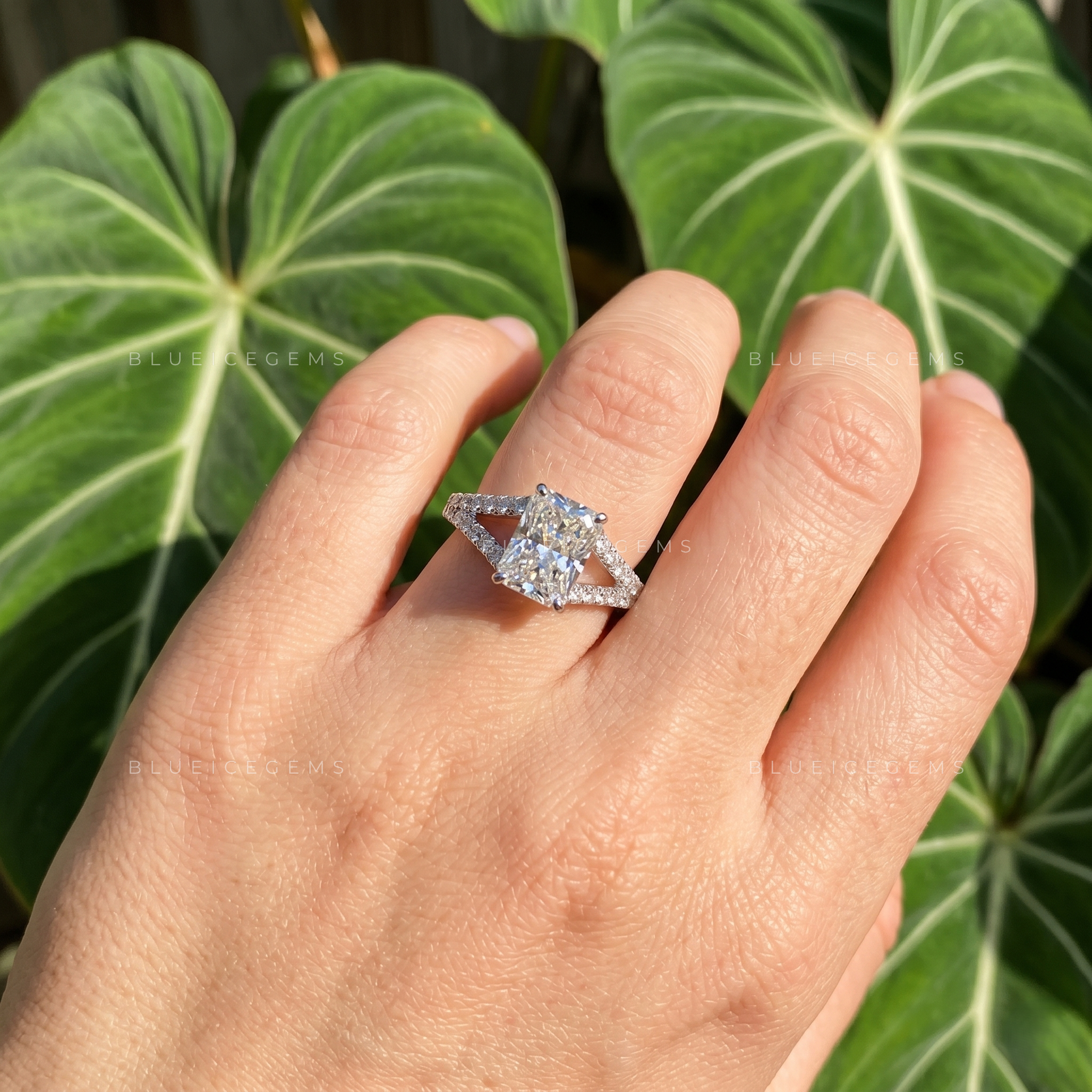 Architectural Grace Radiant Cut Split Shank Cathedral Engagement Ring