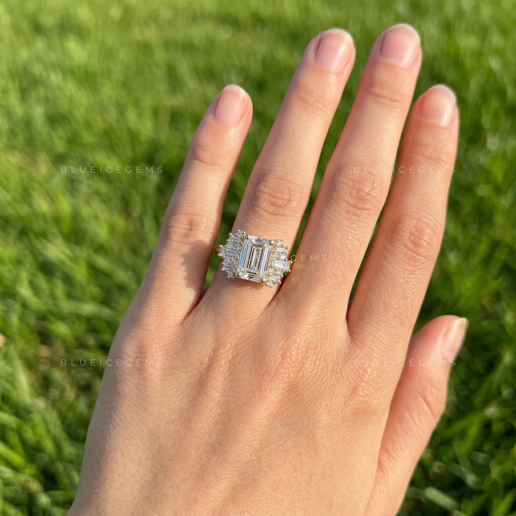 Sophisticated Emerald Cut Three Stone Side Tapered Baguette Engagement Ring