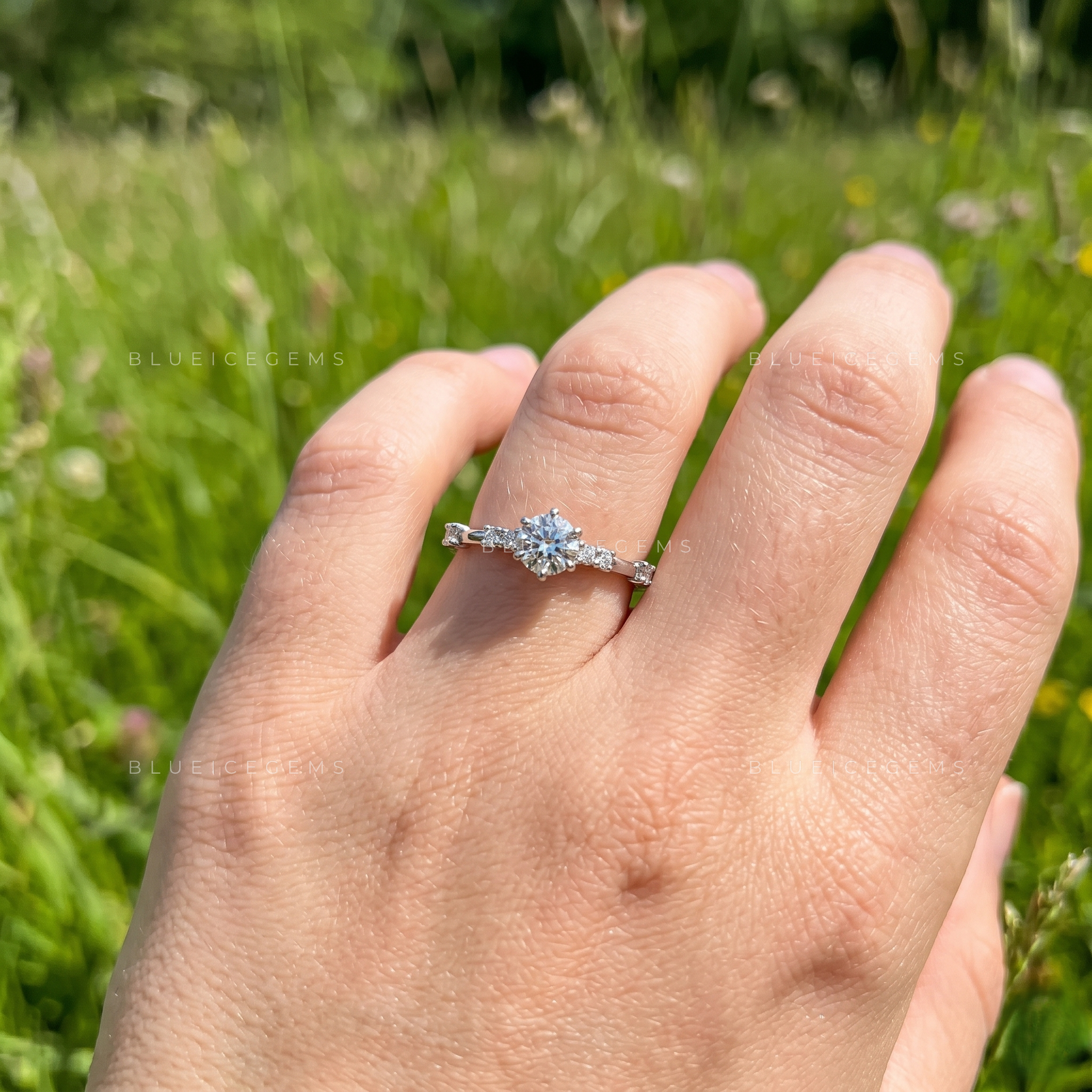 Celestial Muse Round Brilliant Cut Six Prong Solitaire Accent Engagement Ring