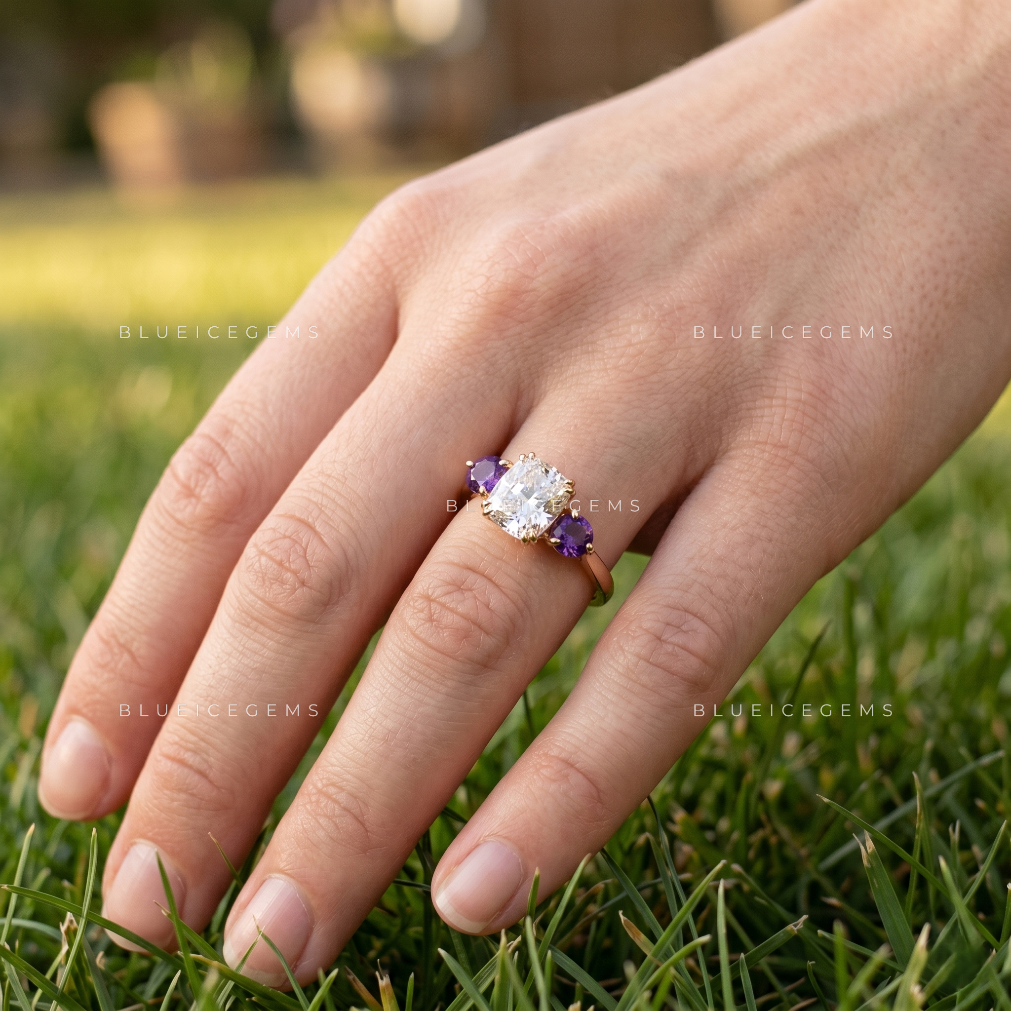 Velvet Harmony Cushion Cut Amethyst Accent Engagement Ring