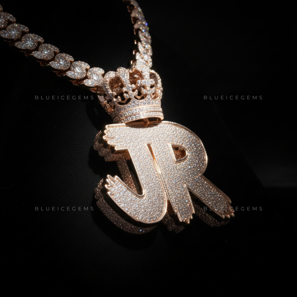 "JR" Custom 3D Bubble Initial Pendant with Majestic Crown