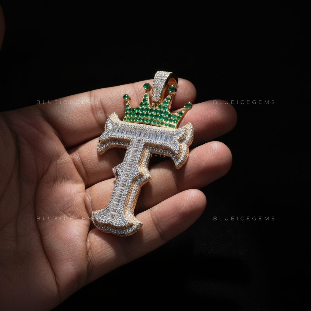 The "T" Royal Emerald: Baguette-Fusion Gothic Script & Emerald-Encrusted Crown