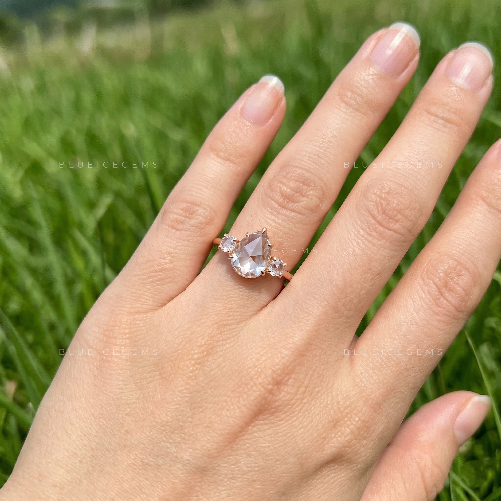 Vintage Inspired Pear Rose Cut Three Stone Open Gallery Ring