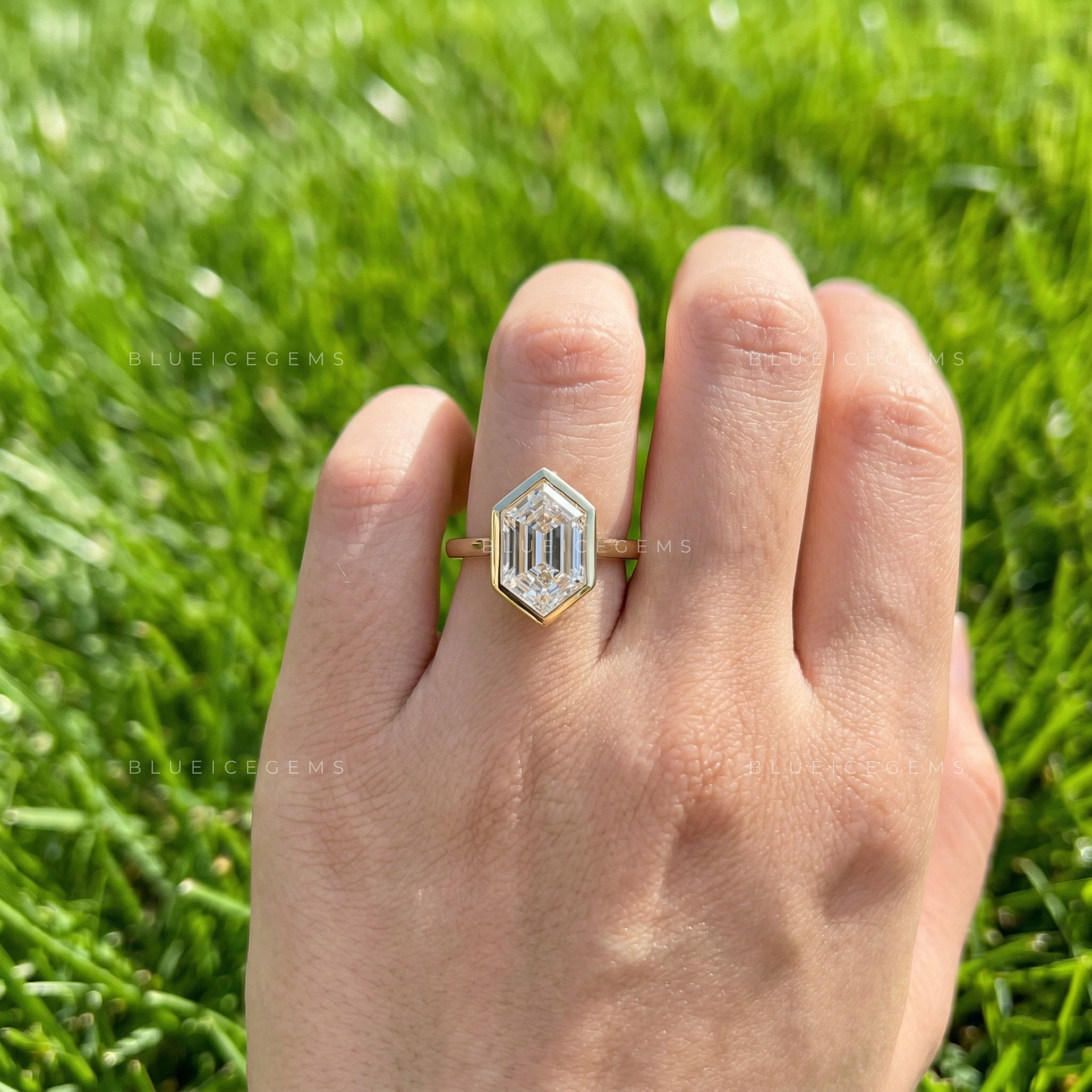 Geometric Hexagon Step Cut Bezel Set Cathedral Engagement Ring