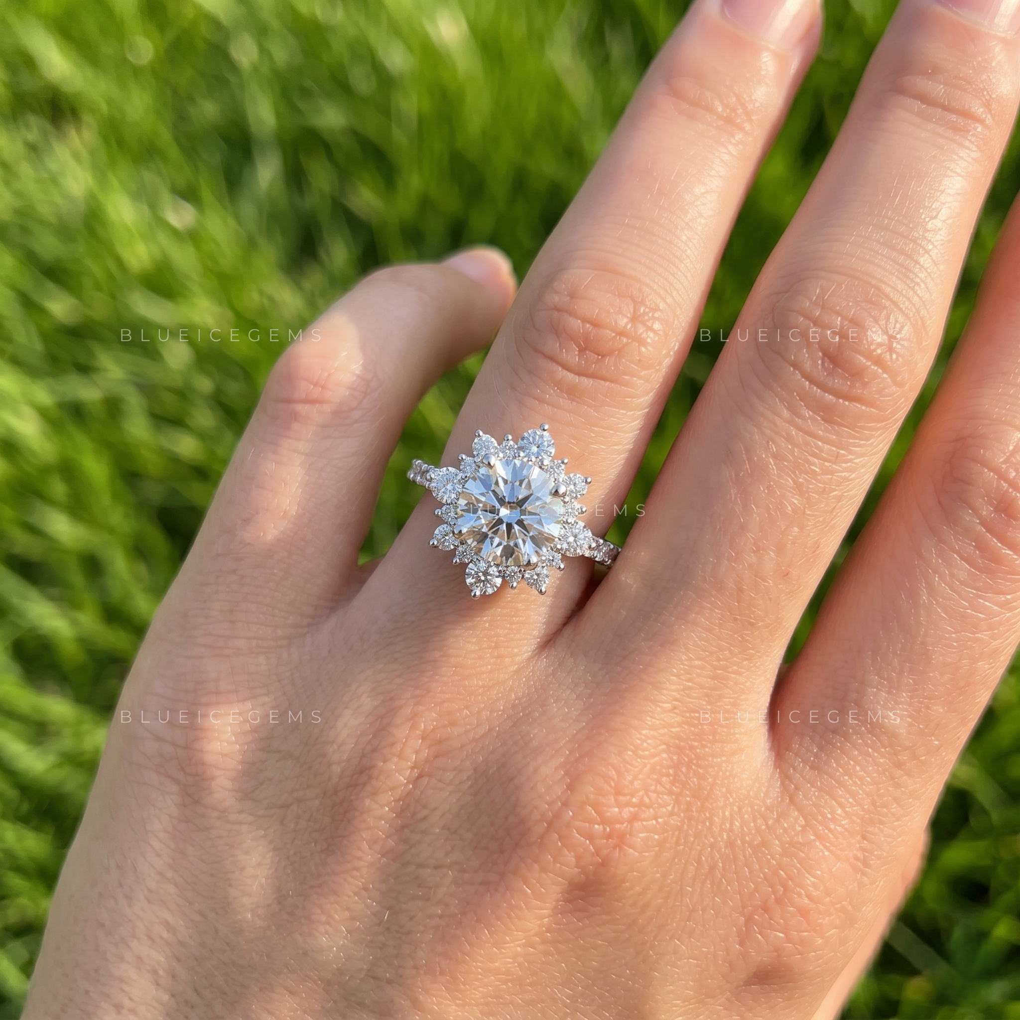 Distinctive Low-Profile Round Brilliant Cut Halo Cluster Keepsake Ring