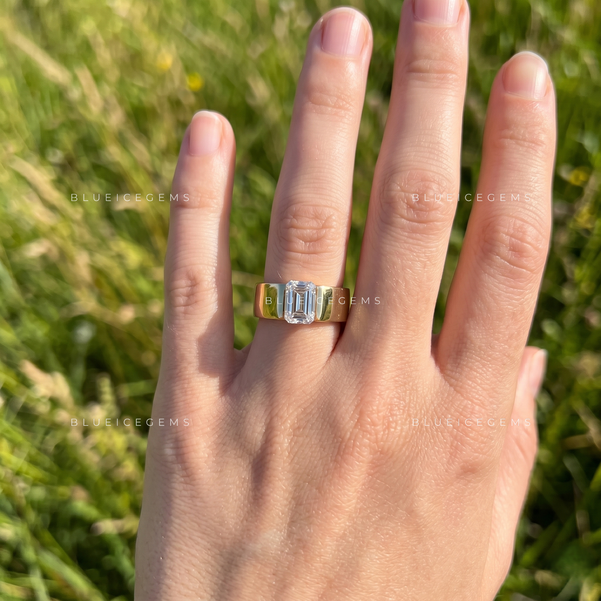 Geometric Splendor Emerald Cut Tension Engagement Ring