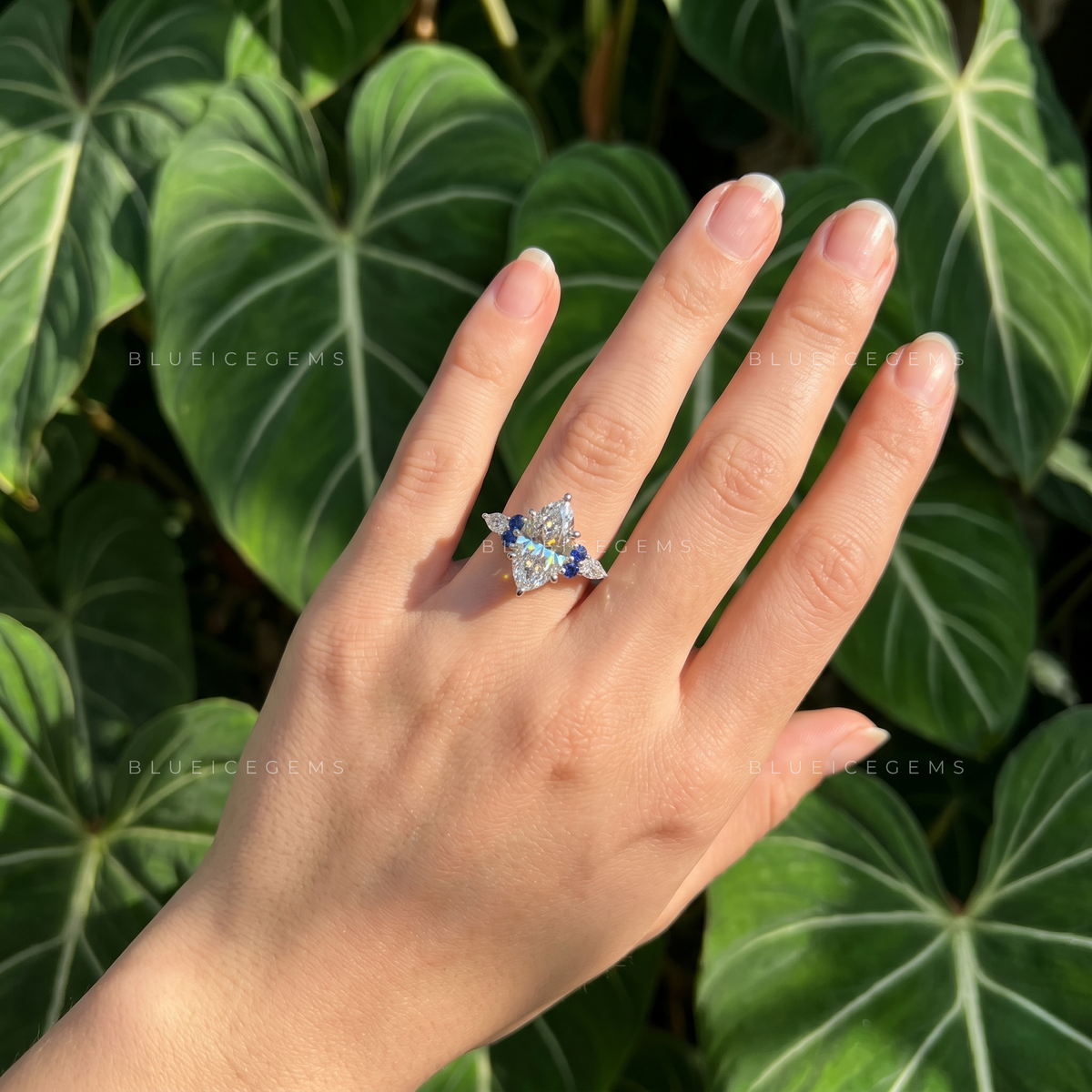 Royal Sapphire Splendor Marquise Cut Three-Stone Accent Ring
