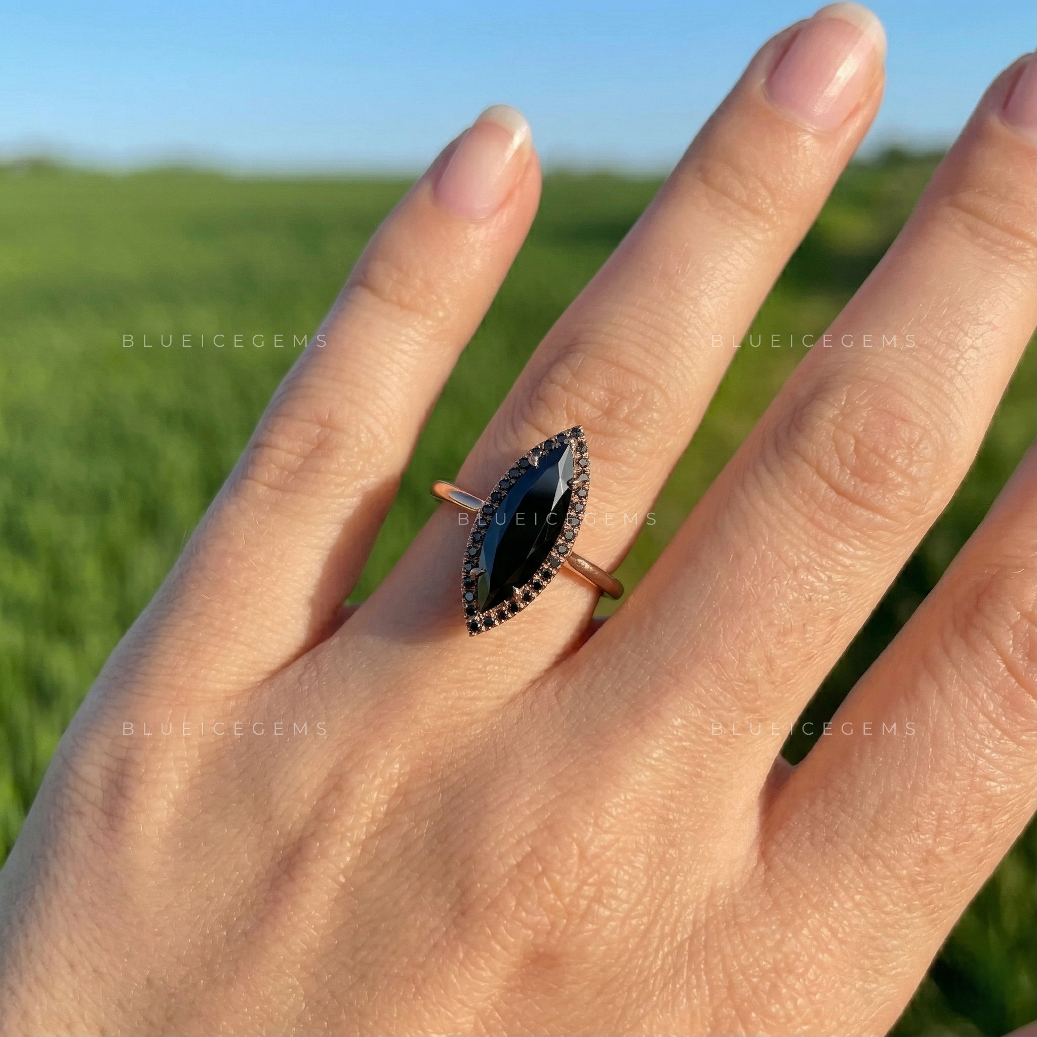 Midnight Noir Long Marquise Black Moissanite Accent Ring