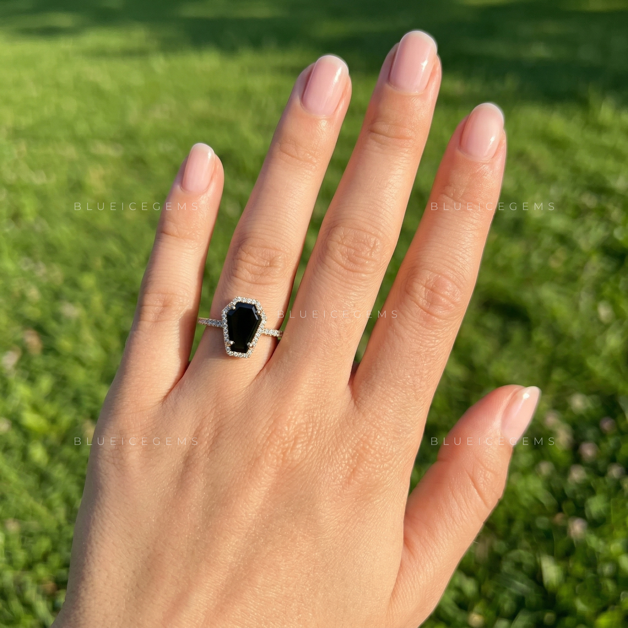 Midnight Noir Coffin Cut Black Diamond Halo Engagement Ring