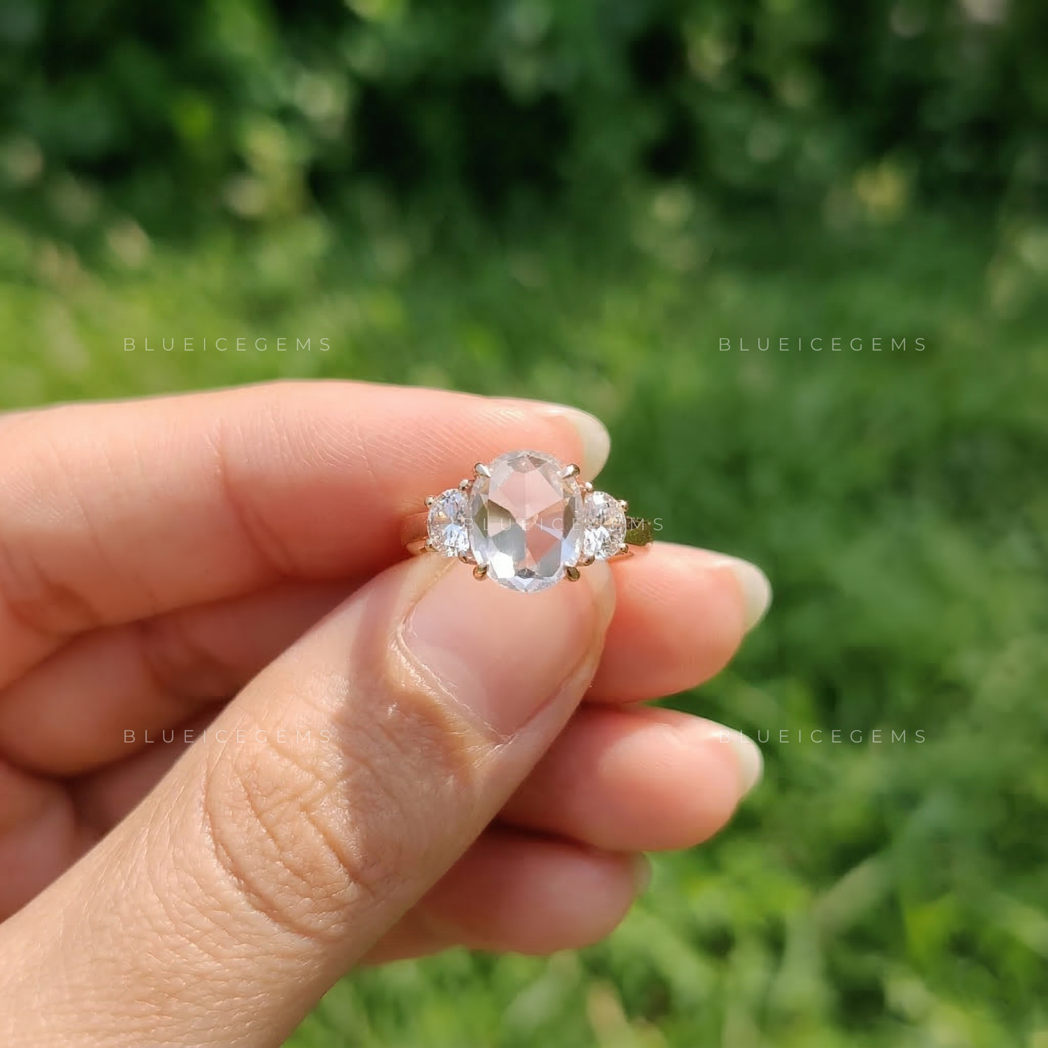 Vintage Oval Rose Cut Half Moon Trilogy Ring