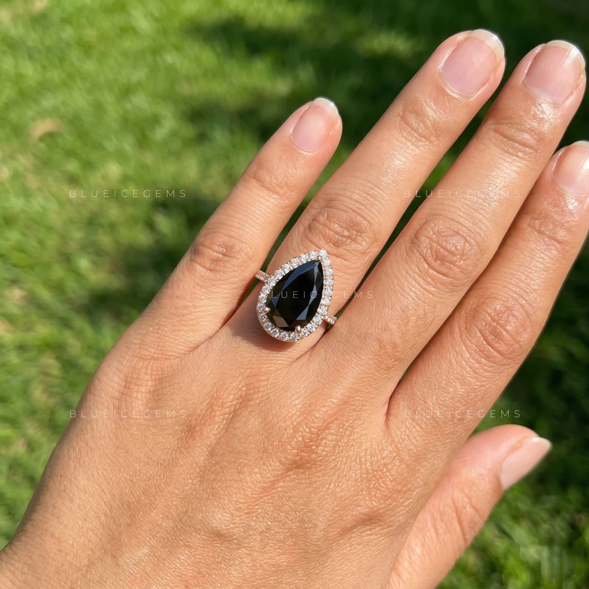 Midnight Velvet Pear Cut Black Moissanite Halo Ring