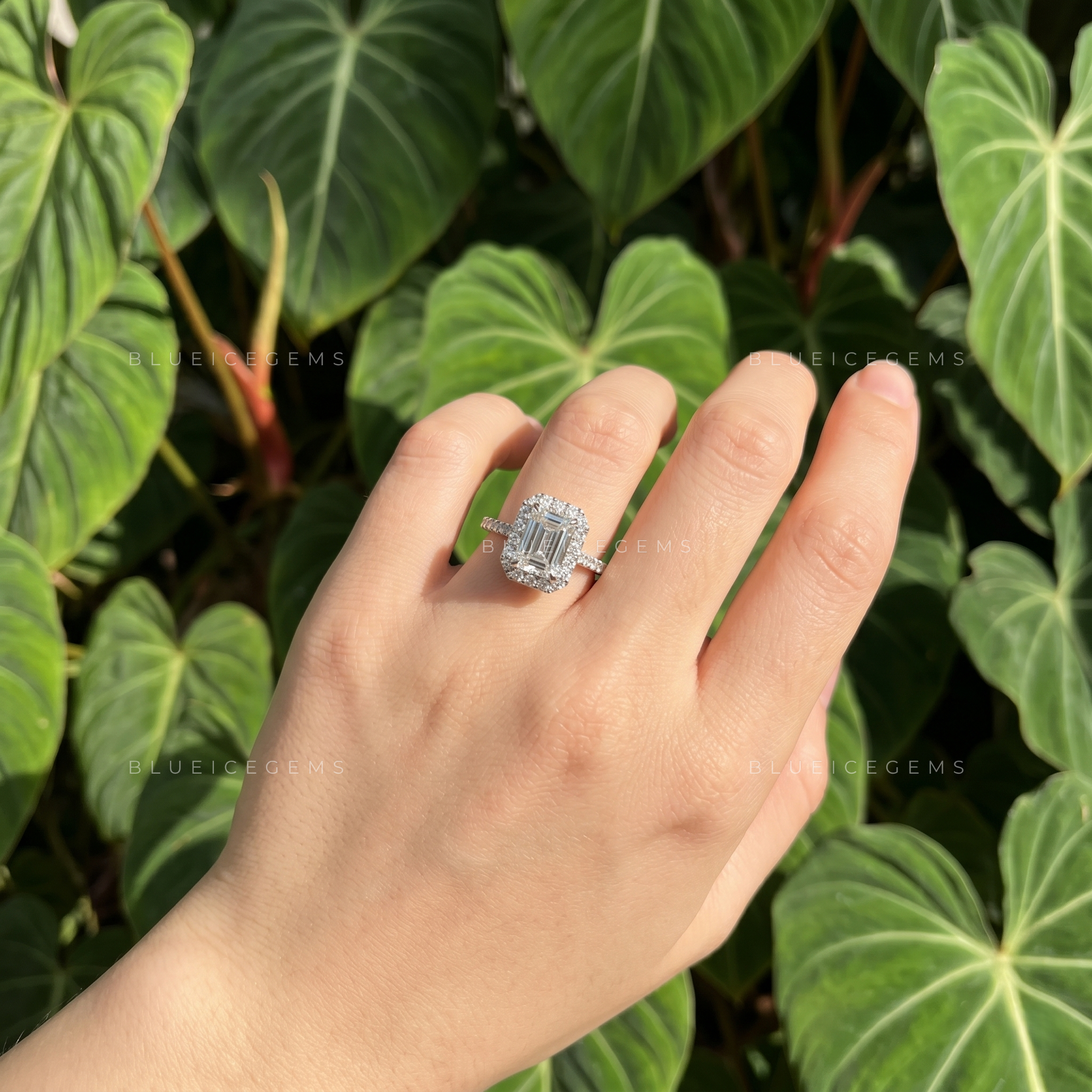 Opulent Harmony Emerald Cut Halo Engagement Ring with Pavé Band