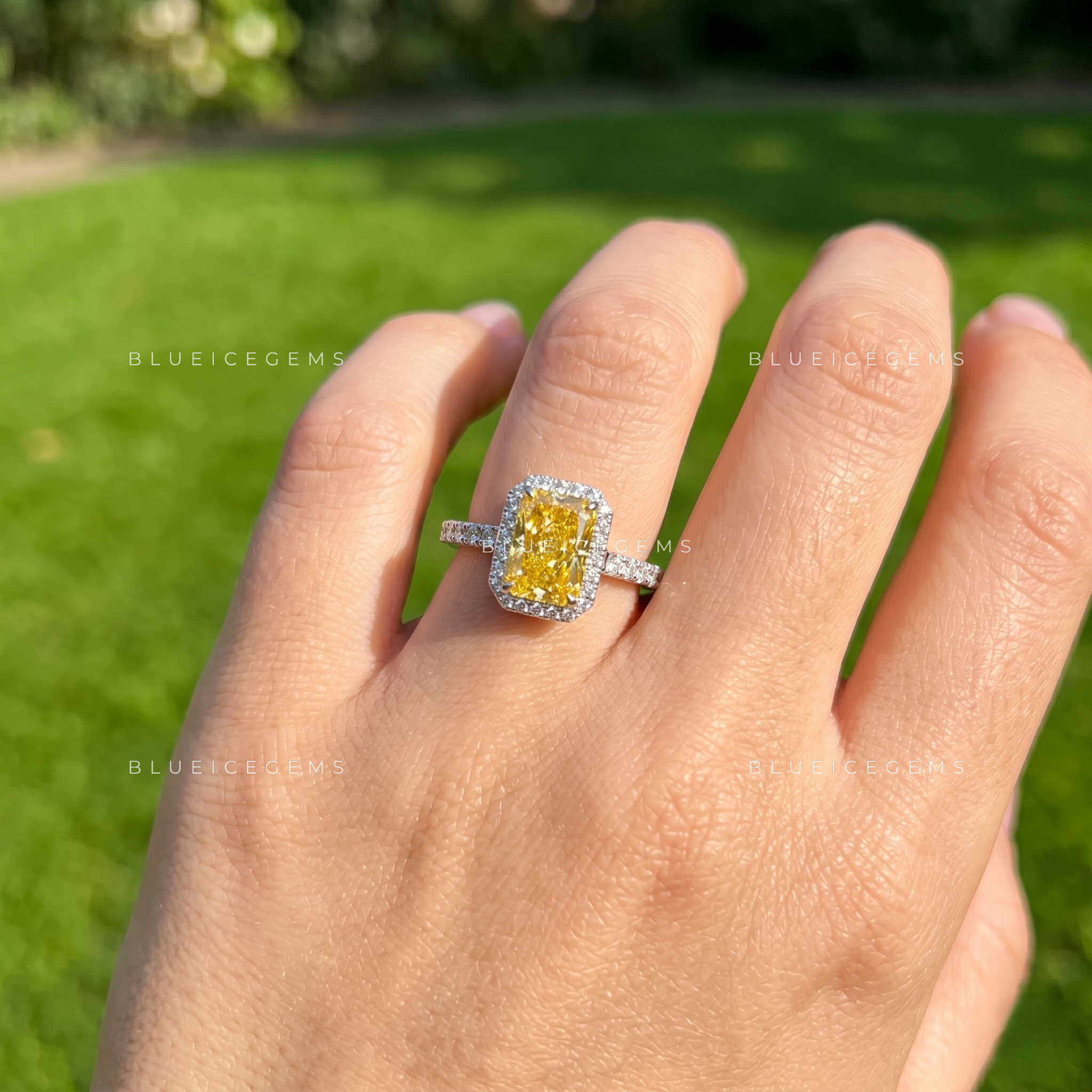 Golden Splendor Radiant Cut Halo Accent Engagement Ring