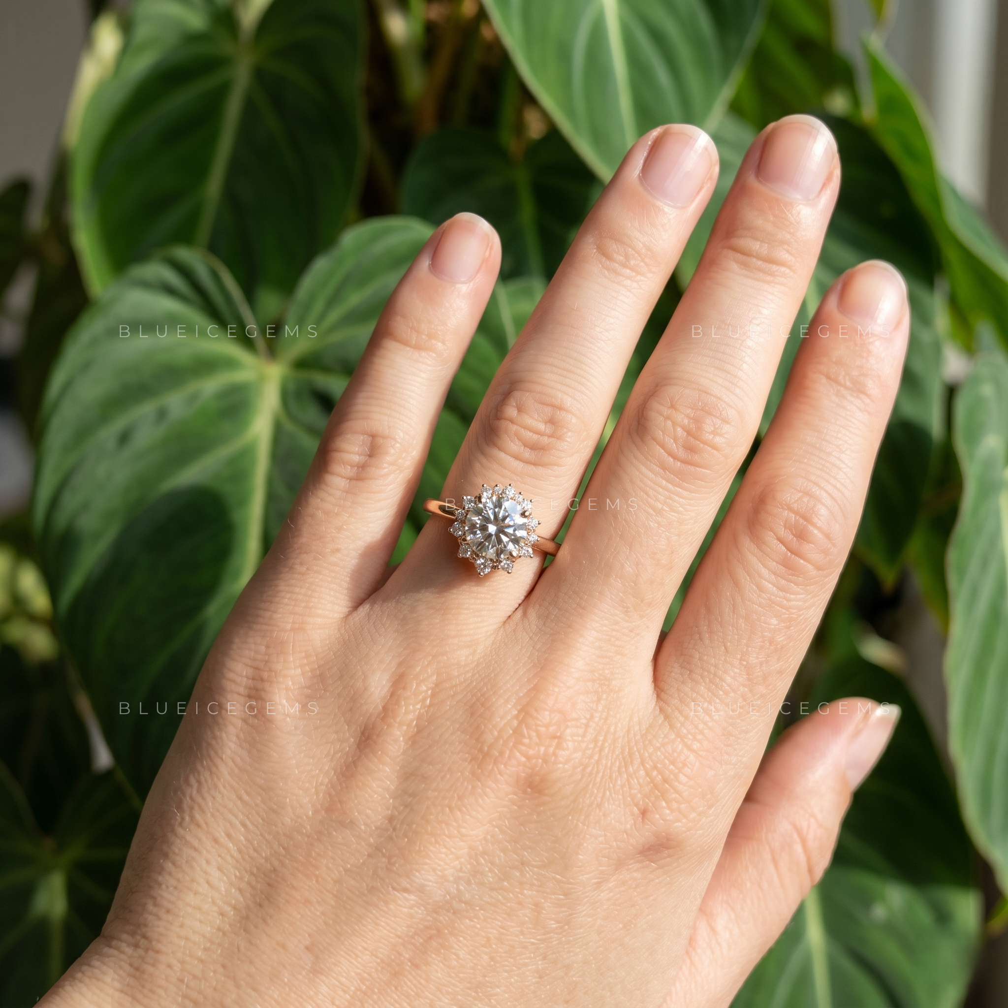 Whimsical Bloom Art Deco Floral Halo Engagement Ring