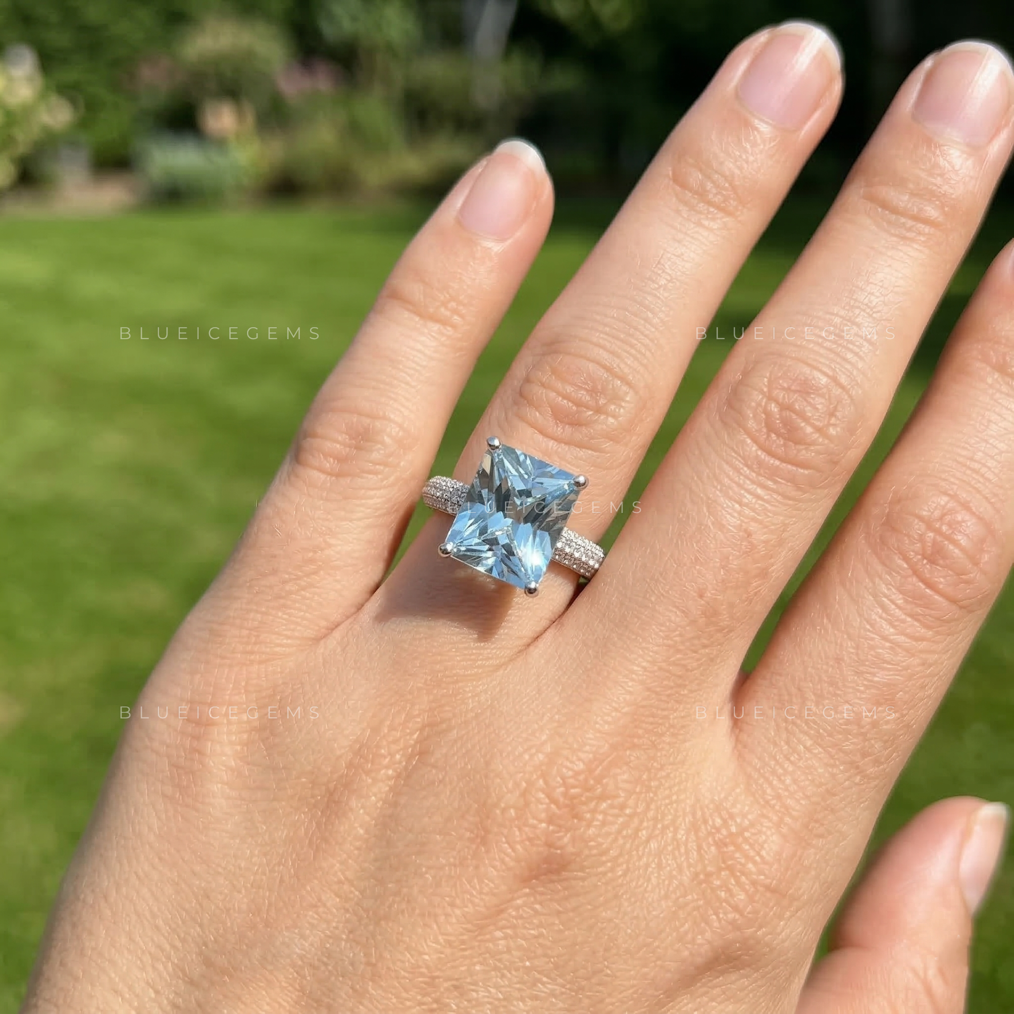 Ocean Mist Radiant Cut Aquamarine Pavé Ring