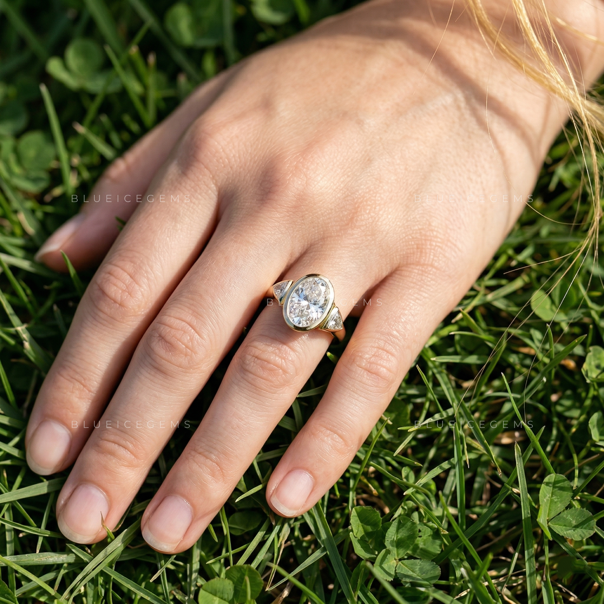 Modern Elegance Oval and Trillion Cut Trilogy Engagement Ring