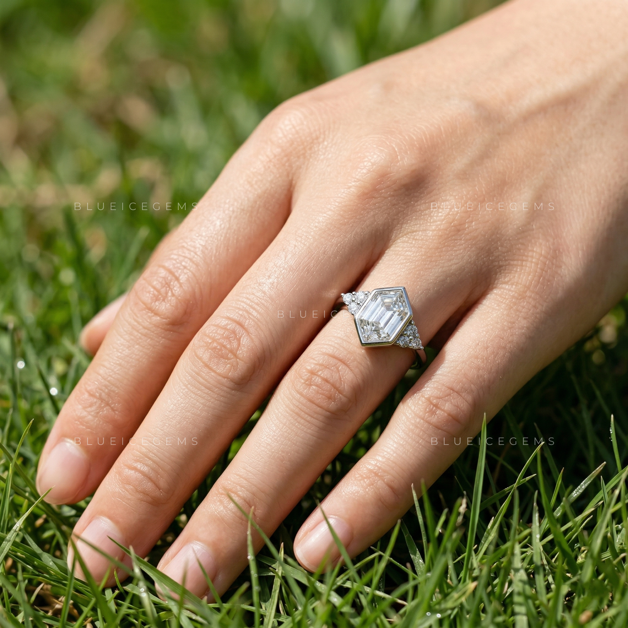 Architectural Sophistication Hexagon Step Cut Trilogy Engagement Ring