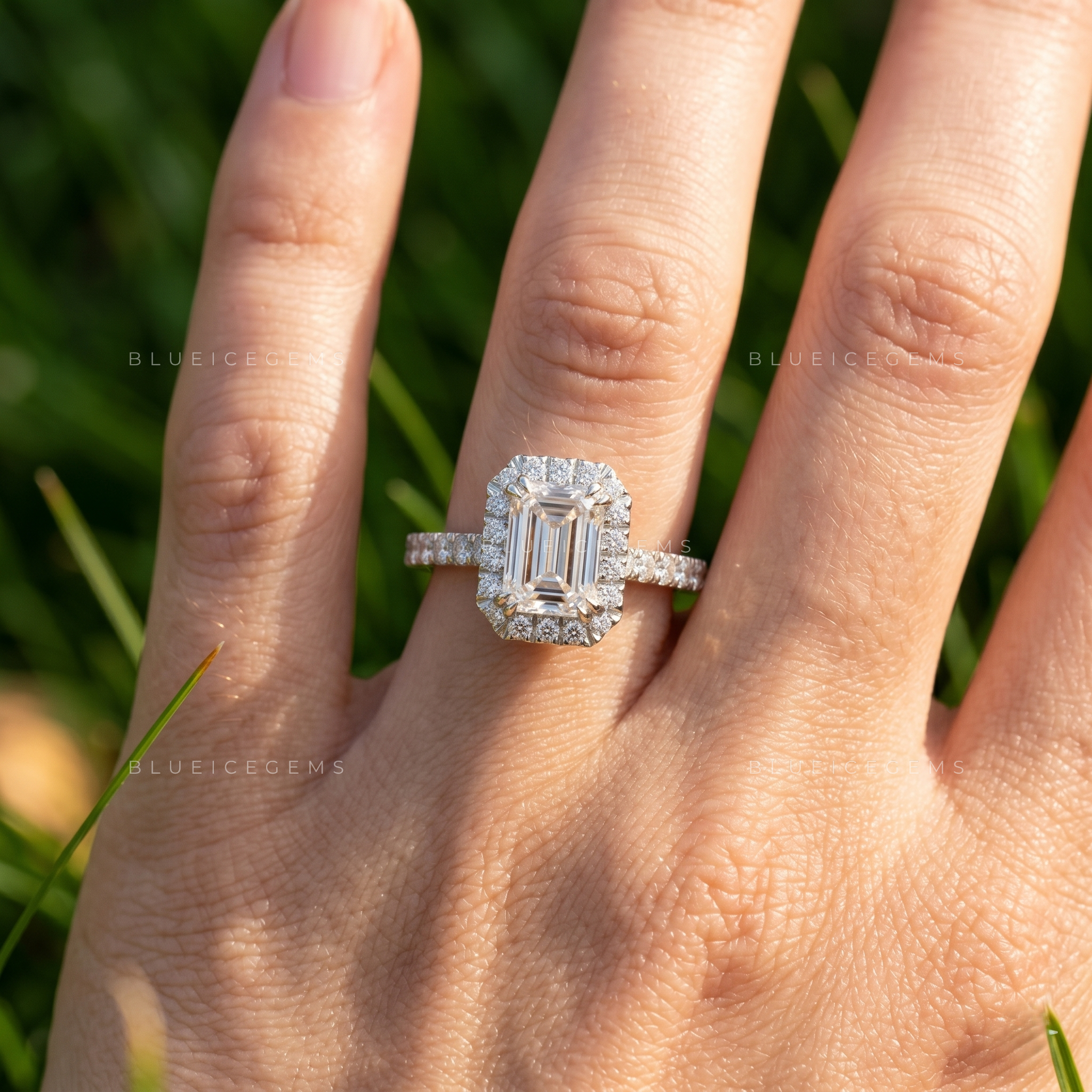 Sophisticated Emerald Cut Halo and Pave Statement Engagement Ring