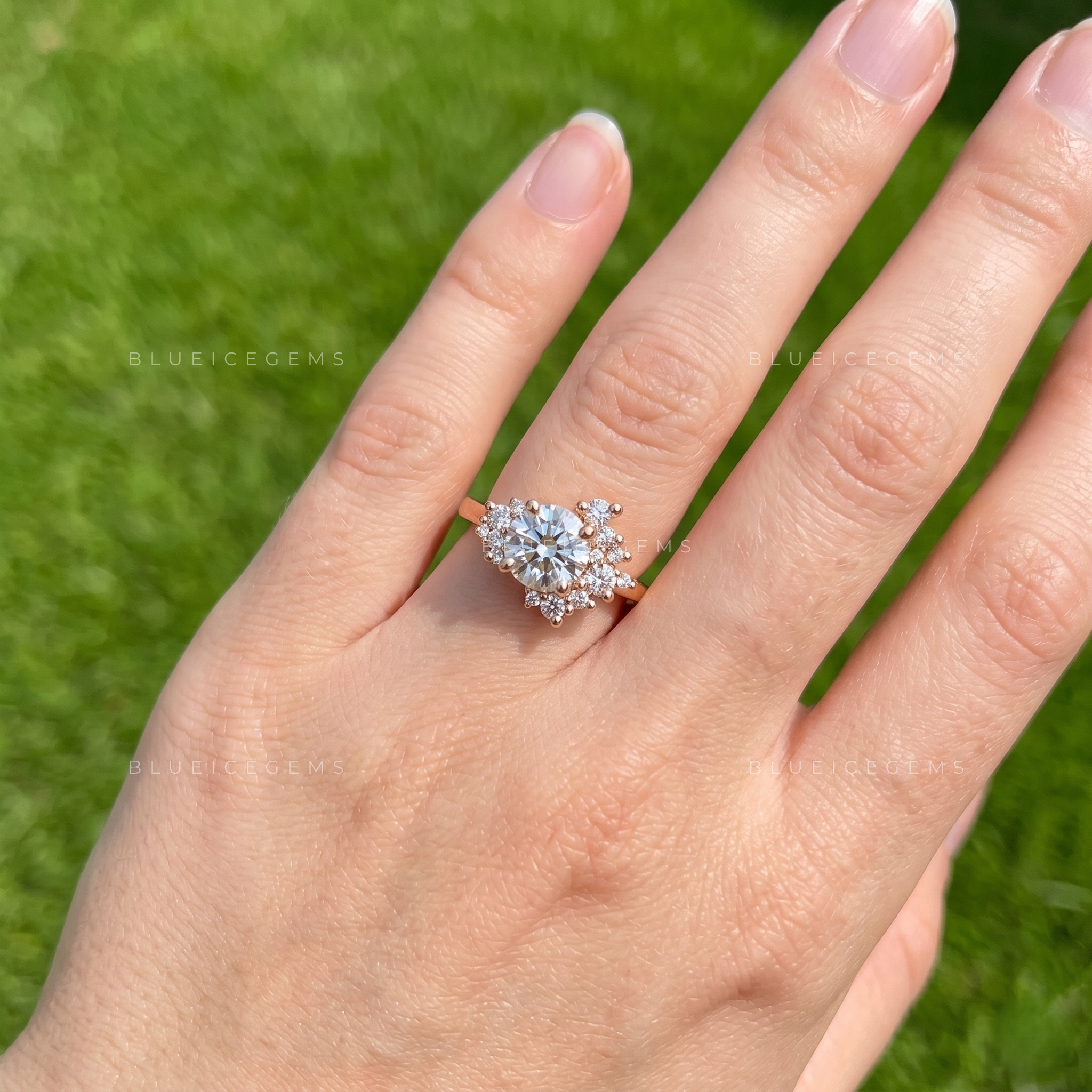 Vintage Romance Round Brilliant Cut Cluster Accent Engagement Ring
