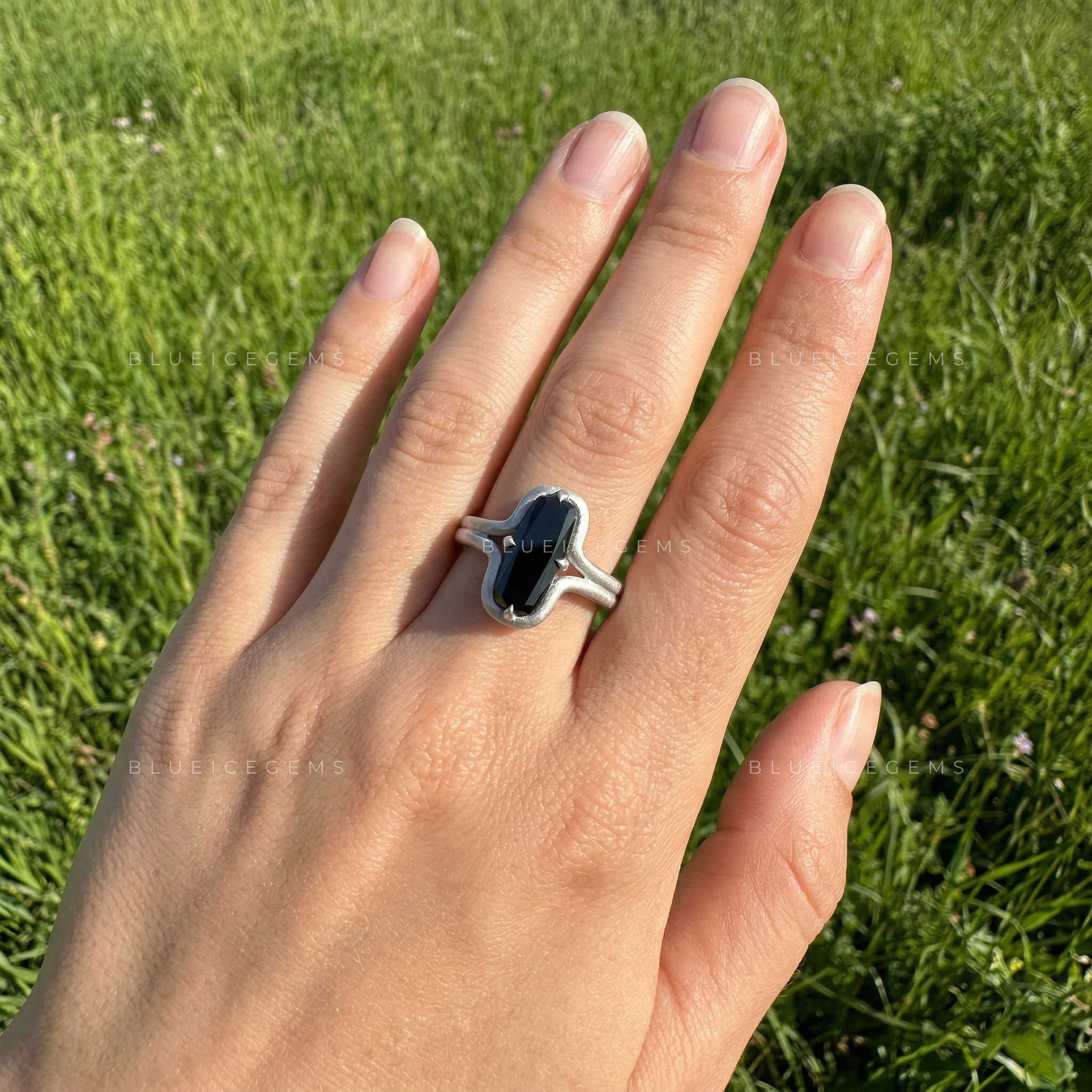 Midnight Noir Cushion Cut Black Moissanite Compass Set Ring