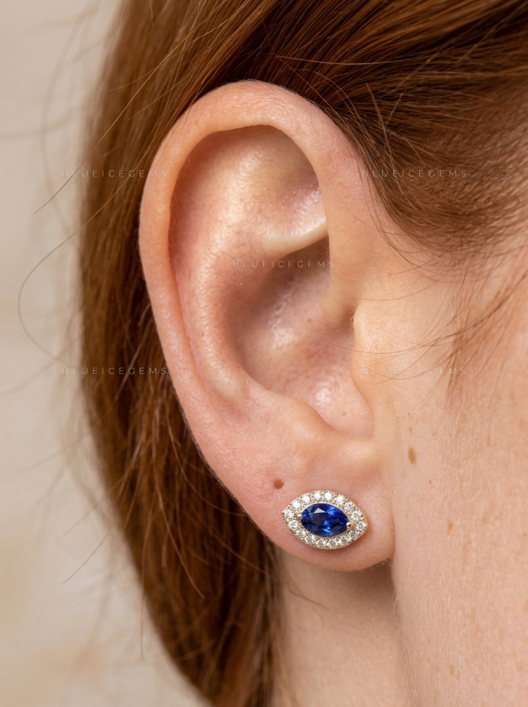 Blue Sapphire Evil Eye Stud Earrings