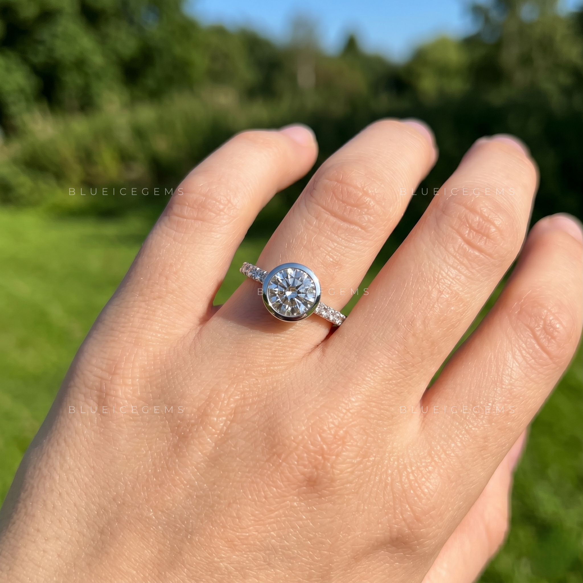 Modern Radiance Round Brilliant Cut Bezel Set Solitaire Accent Engagement Ring