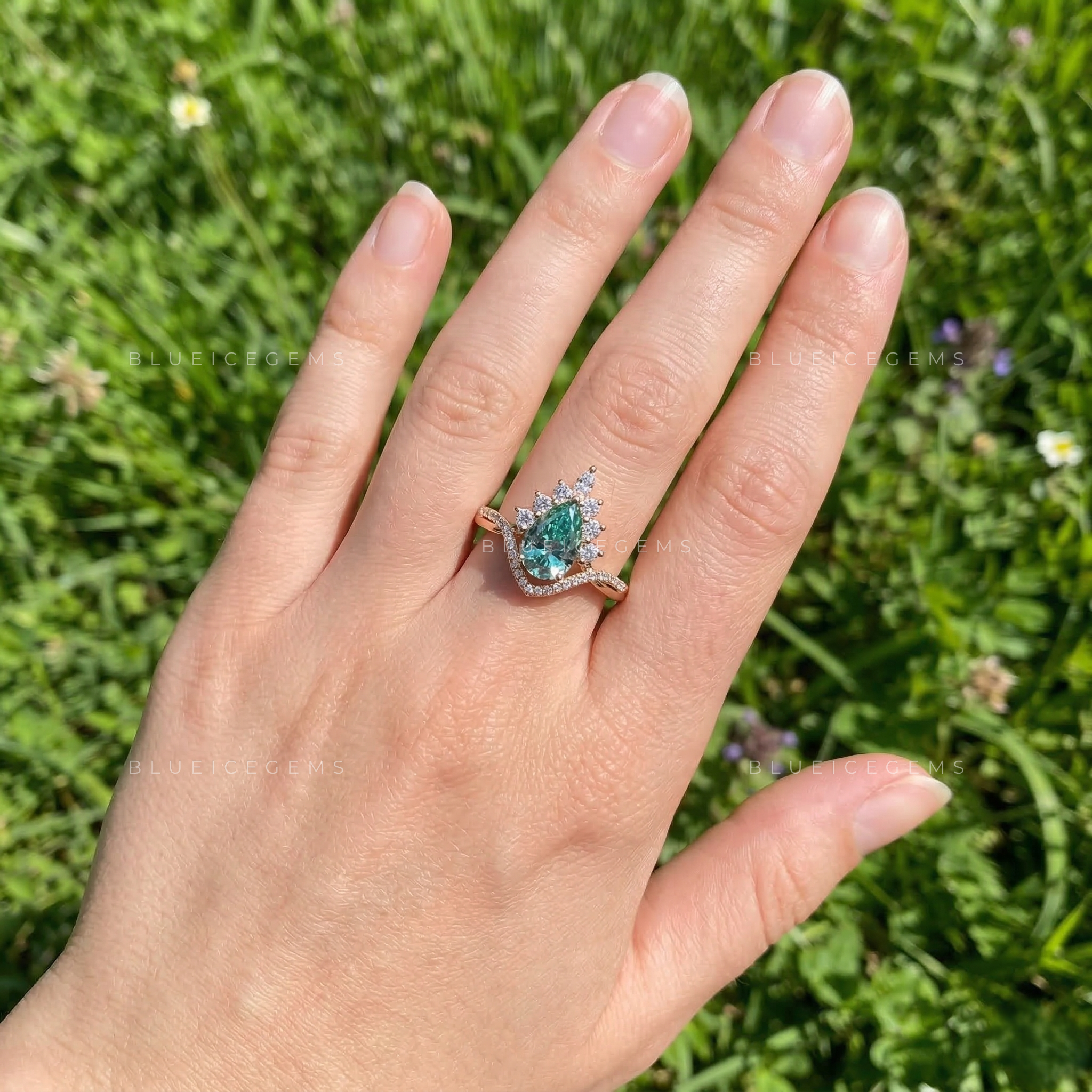 Azure Waters Pear Cut Cyan Blue Floral Ring