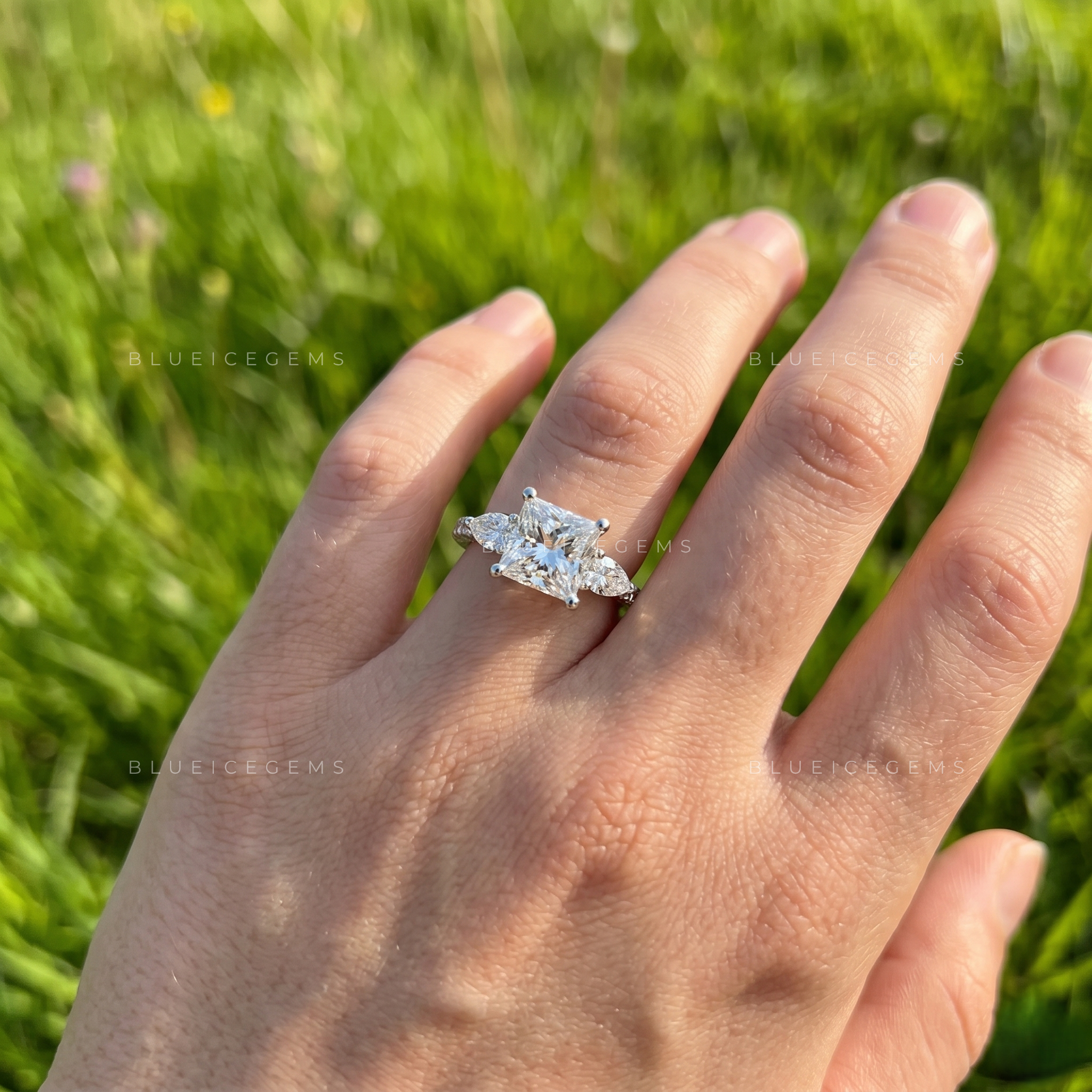 Imperial Elegance Princess Cut with Side Pear and Round Accent Trilogy Ring