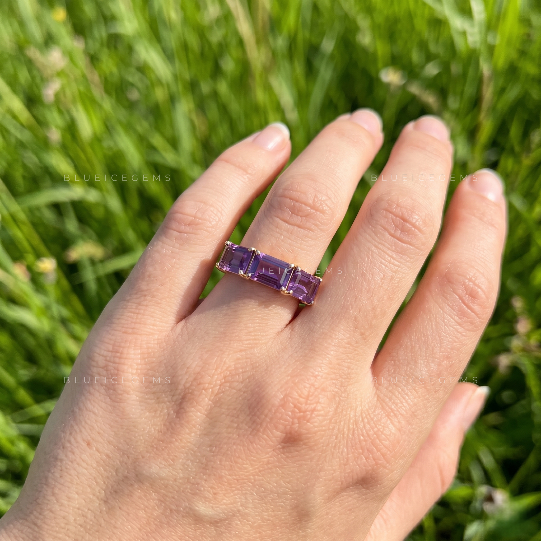 Vintage Mystique Emerald Cut Lavender Amethyst Three Stone Ring