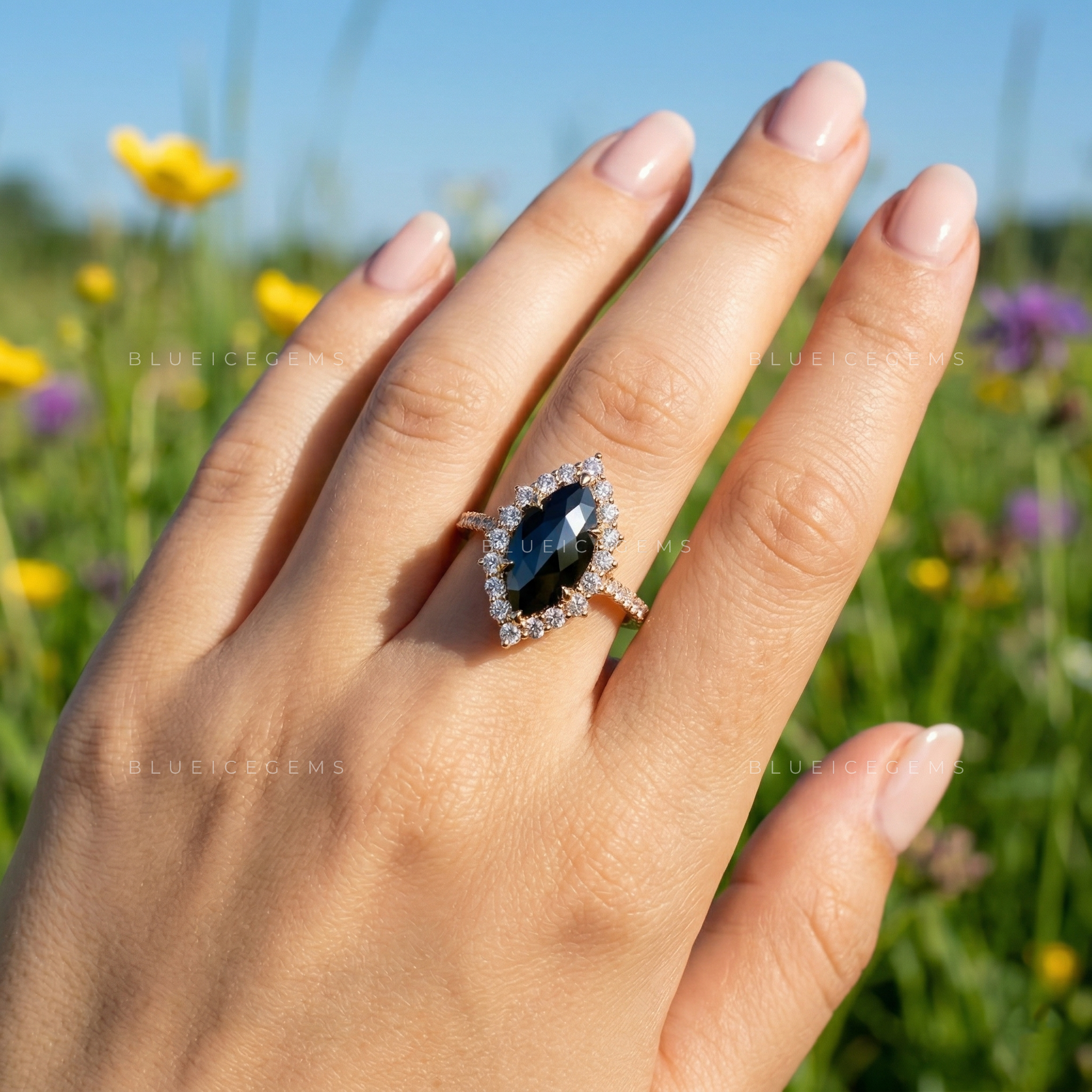 Midnight Botanical Marquise Flower Rose Cut Black Diamond Ring