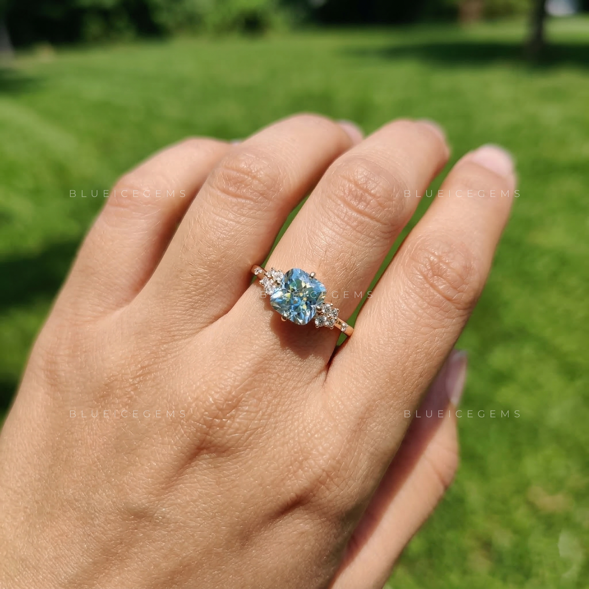 Cerulean Radiance Cushion Rensu Cut Pavé Ring