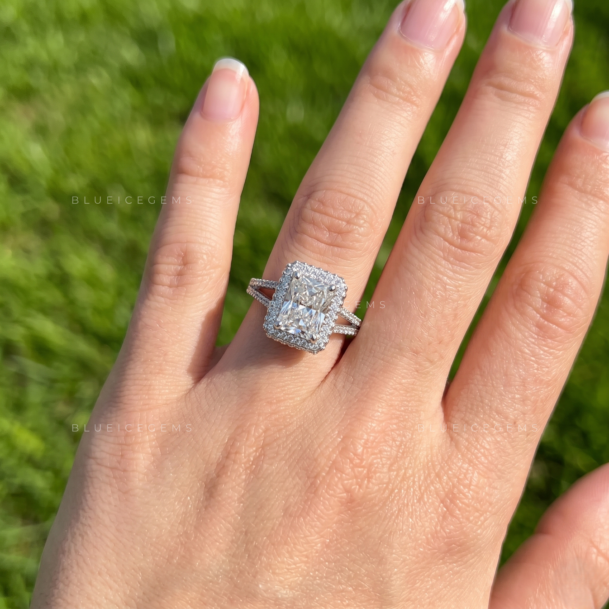 Exquisite Glamour Radiant Cut Halo Split Pave Shank Engagement Ring