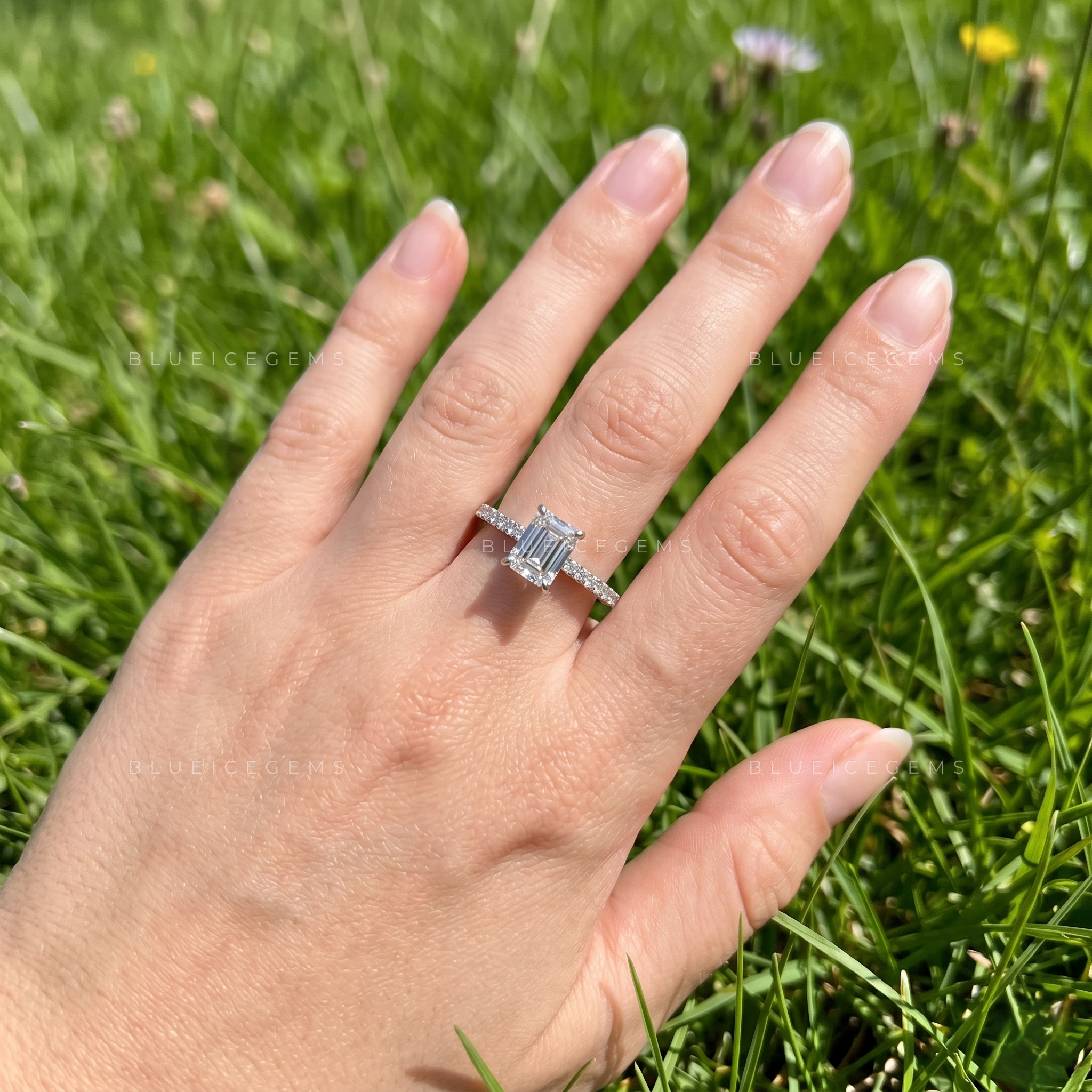 Enchanted Grandeur Emerald Cut Pave Hidden Halo Engagement Ring