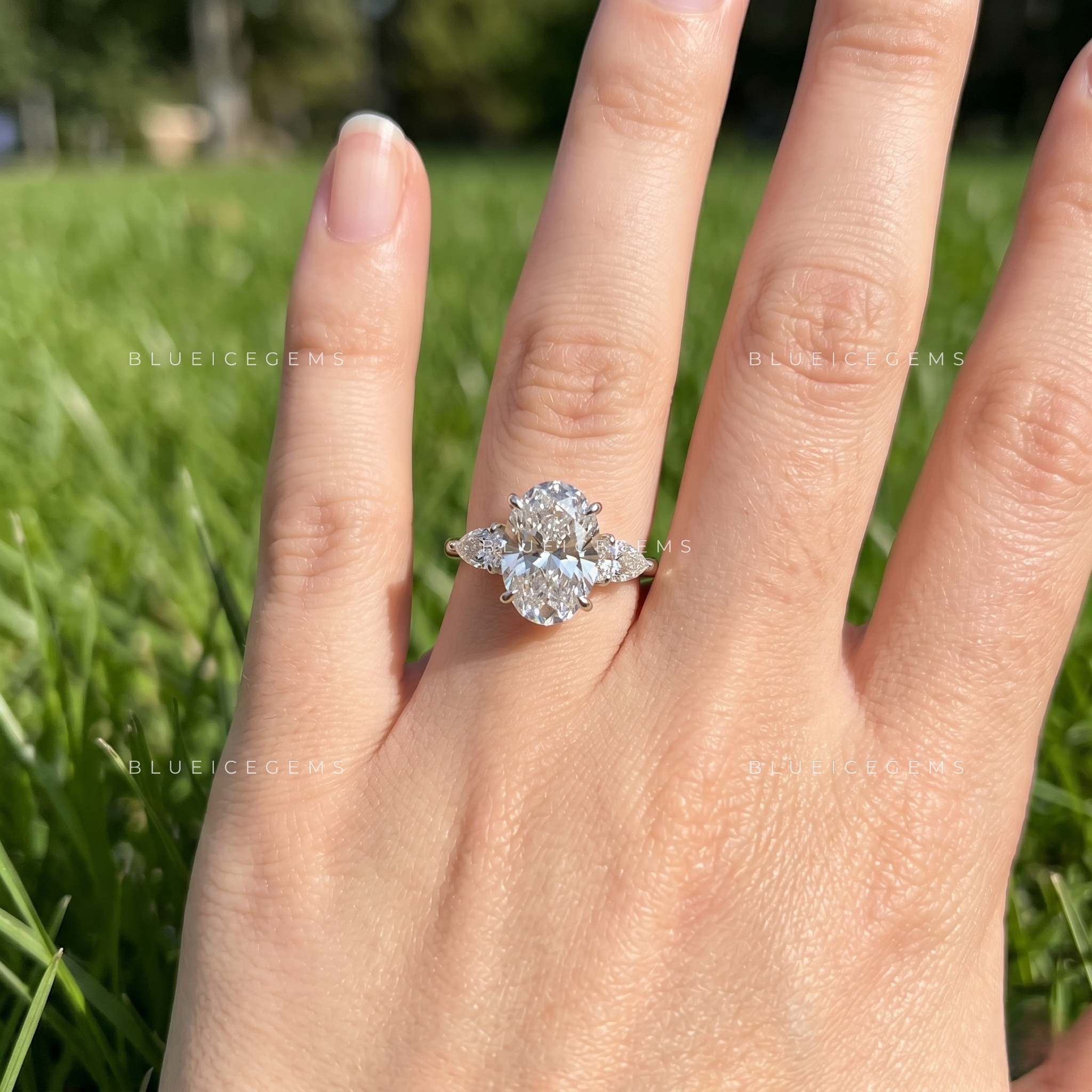 Enchanting Radiance Oval Pear Three Stone Engagement Ring