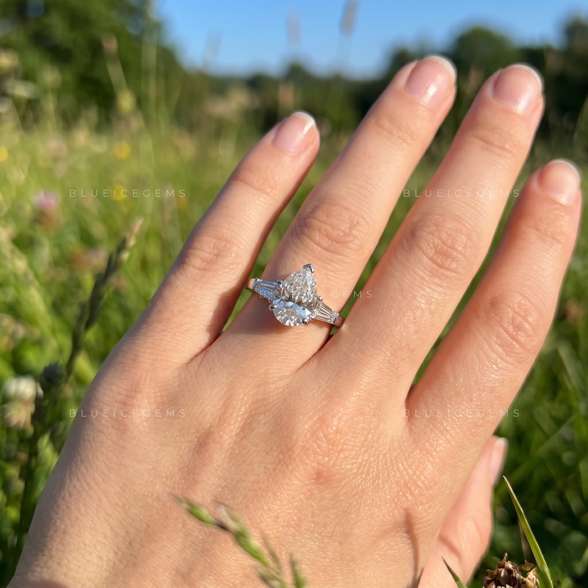 Elegant Trilogy Pear Cut with Tapered Baguette Side Stones Engagement Ring