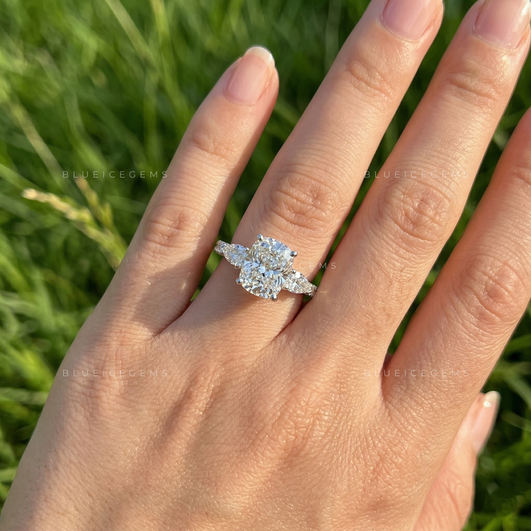 Romantic Sophistication Cushion Cut Floral Trilogy Engagement Ring